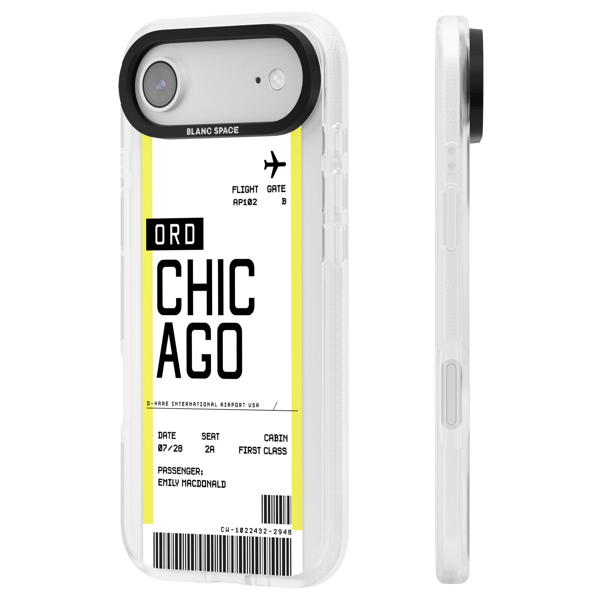 Personalised Chicago Boarding Pass iPhone 17 Air Impact Air Clear Phone Case Side Profile