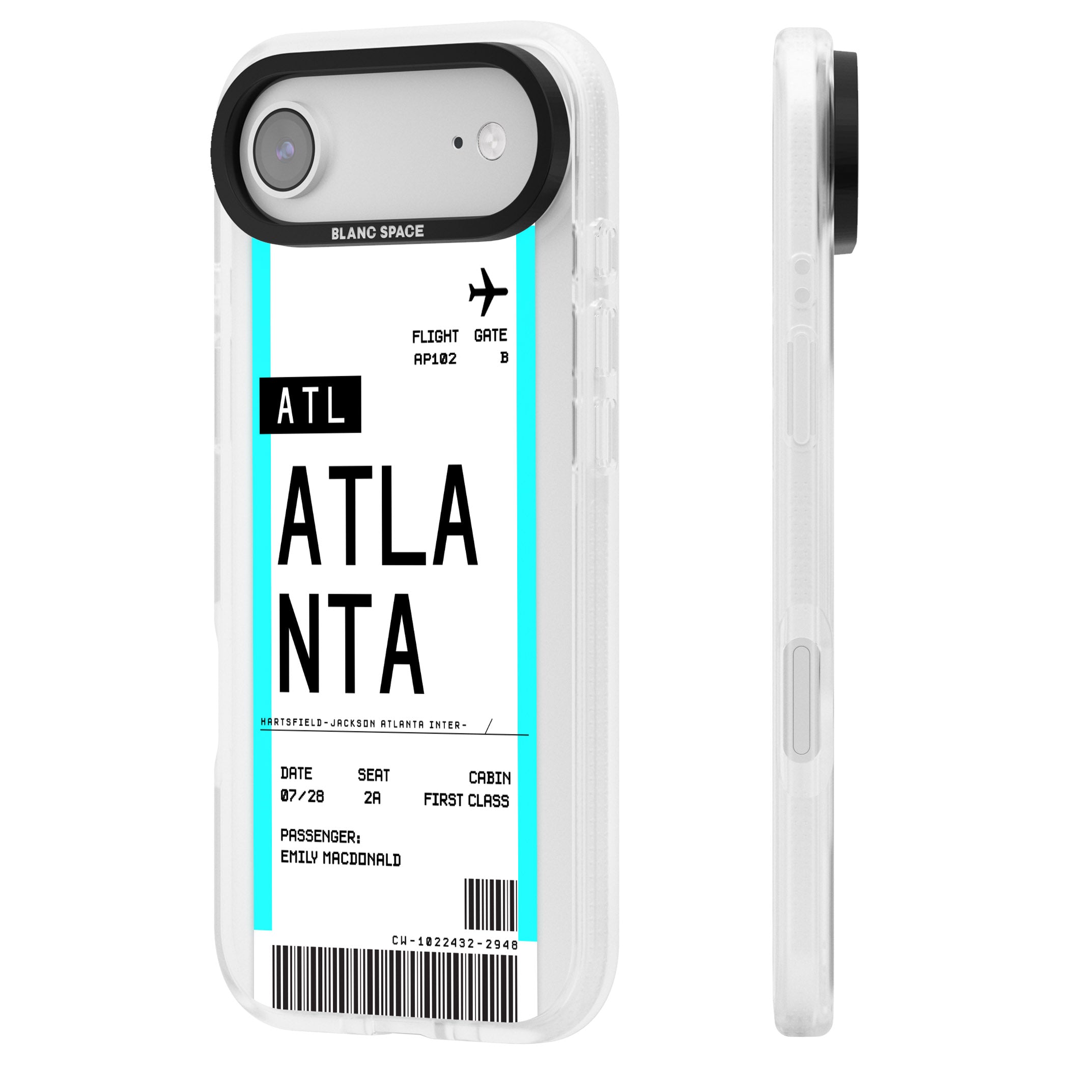 Personalised Atlanta Boarding Pass iPhone 17 Air Impact Air Clear Phone Case Side Profile