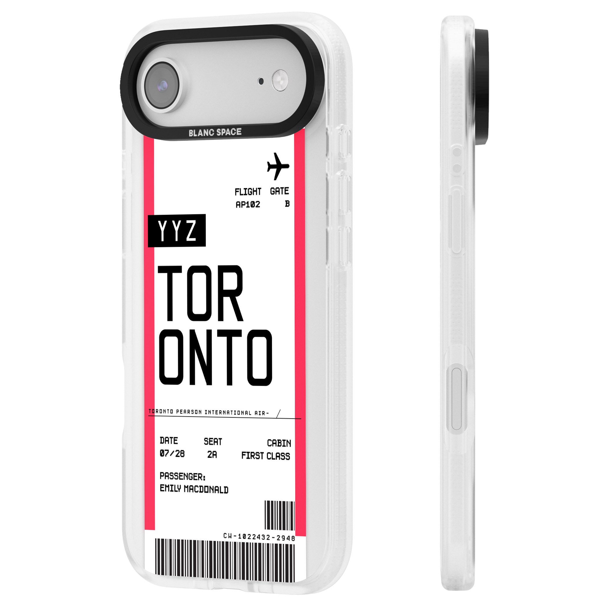 Personalised Toronto Boarding Pass iPhone 17 Air Impact Air Clear Phone Case Side Profile