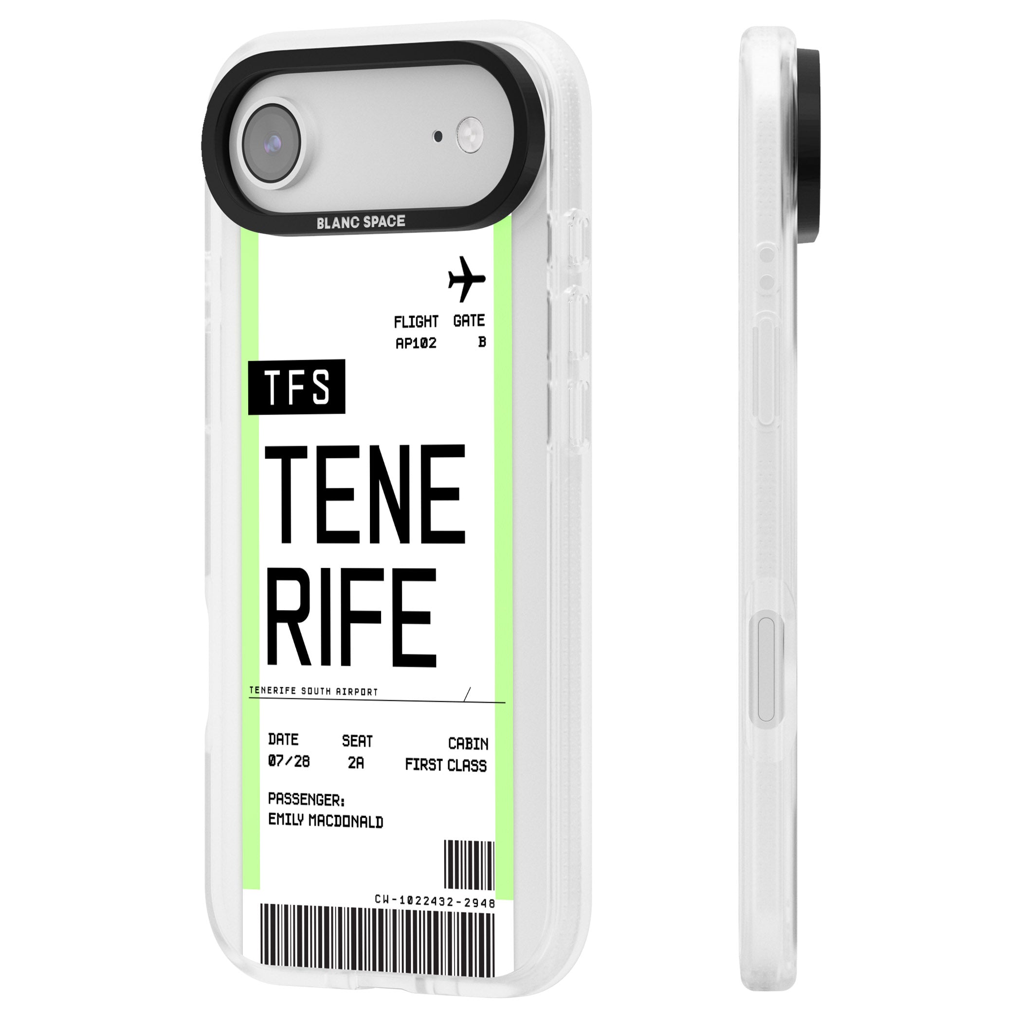 Personalised Tenerife Boarding Pass iPhone 17 Air Impact Air Clear Phone Case Side Profile