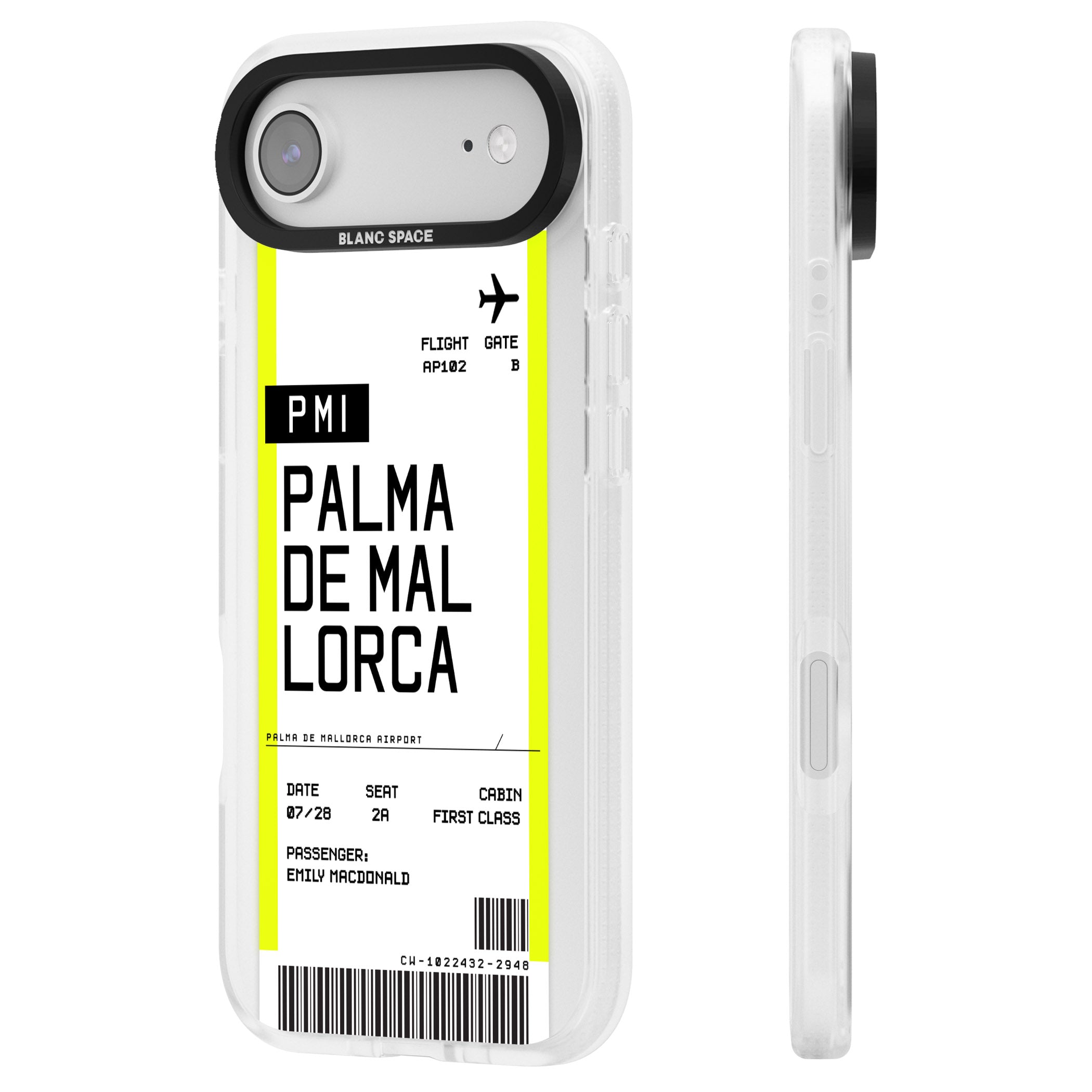 Personalised Palma De Mallorca Boarding Pass iPhone 17 Air Impact Air Clear Phone Case Side Profile