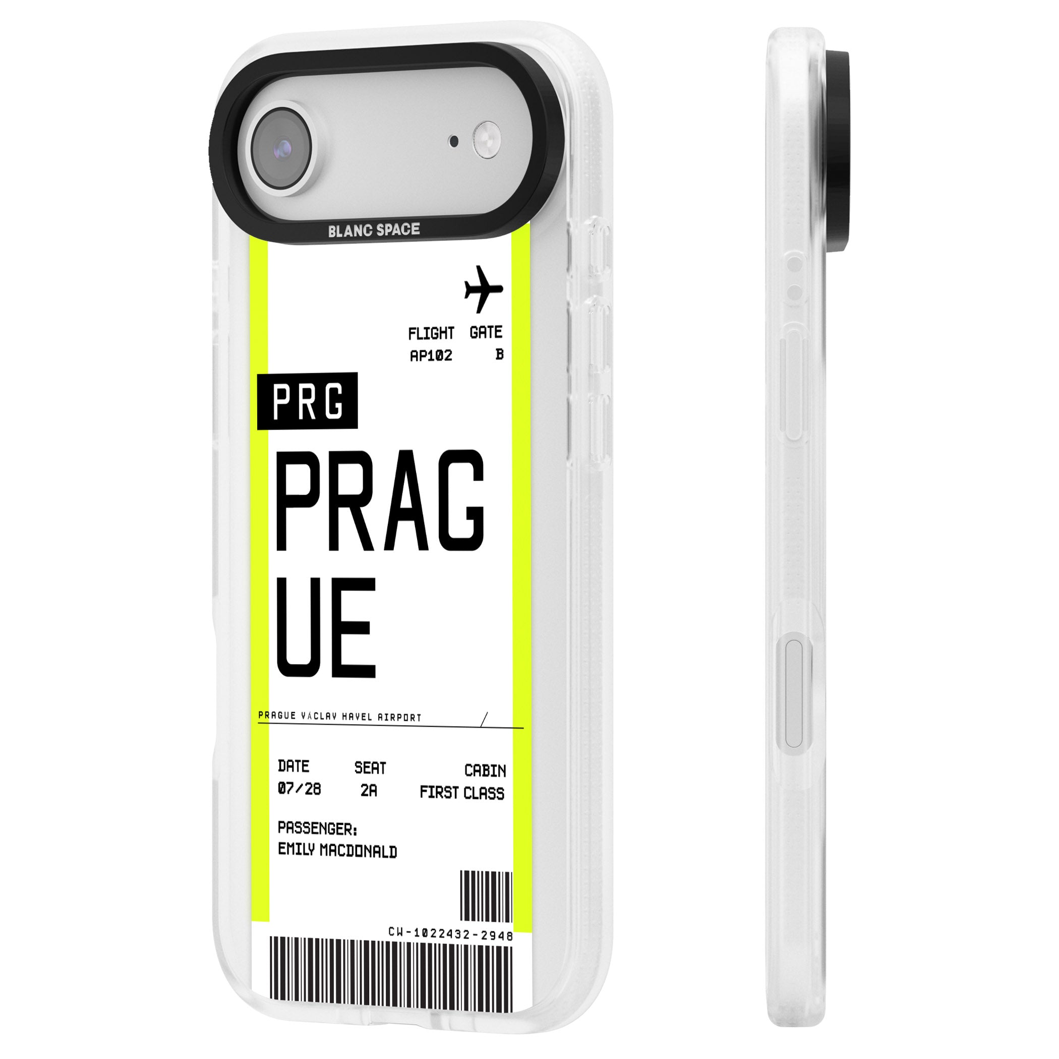 Personalised Prague Boarding Pass iPhone 17 Air Impact Air Clear Phone Case Side Profile