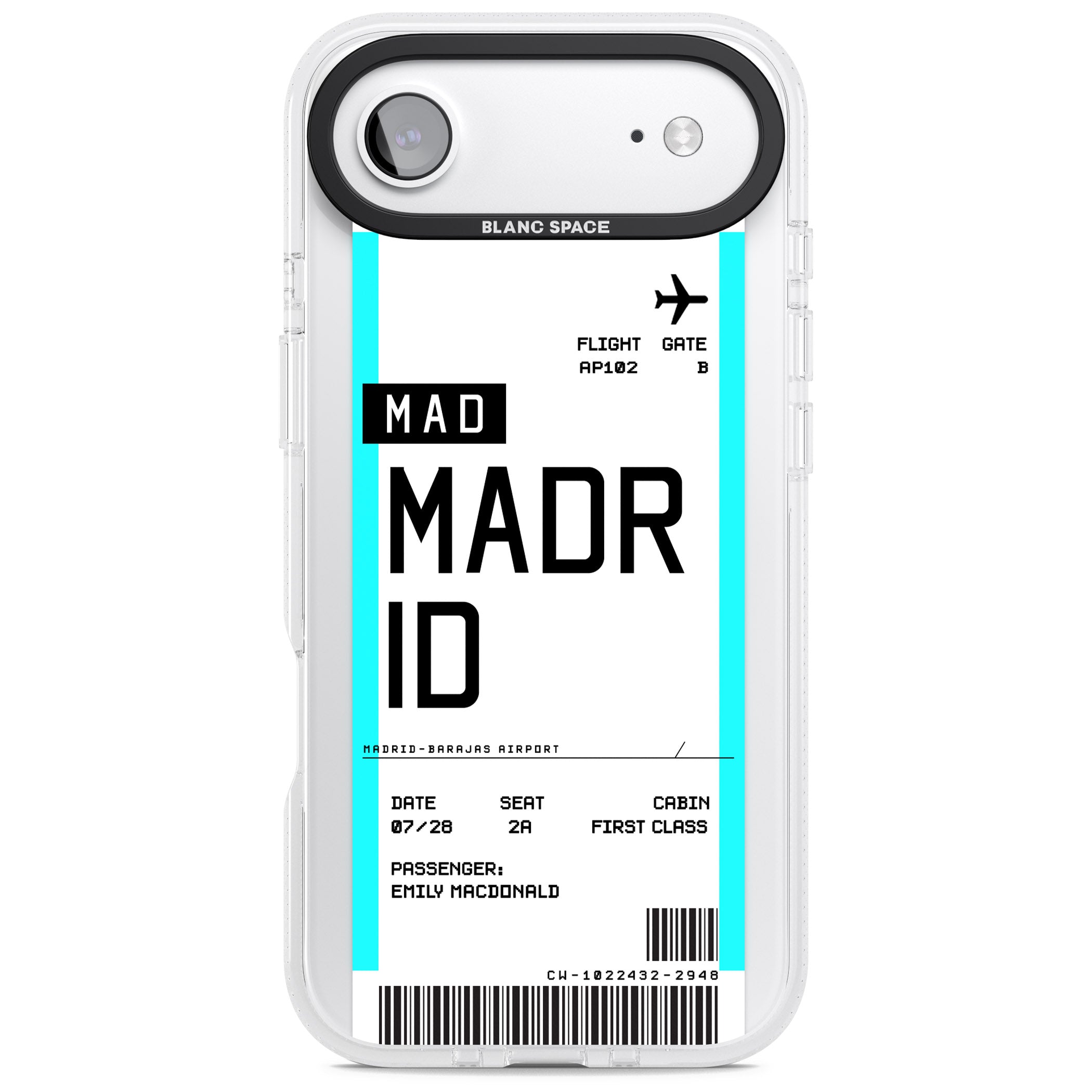Personalised Madrid Boarding Pass iPhone 17 Air Impact Air Clear Phone Case