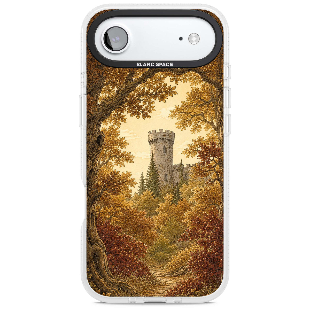 Autumn Keep cottagecore iPhone case featuring a medieval castle tower framed by golden autumn trees and woodland foliage | Clear Case Impact Air case for iPhone Air