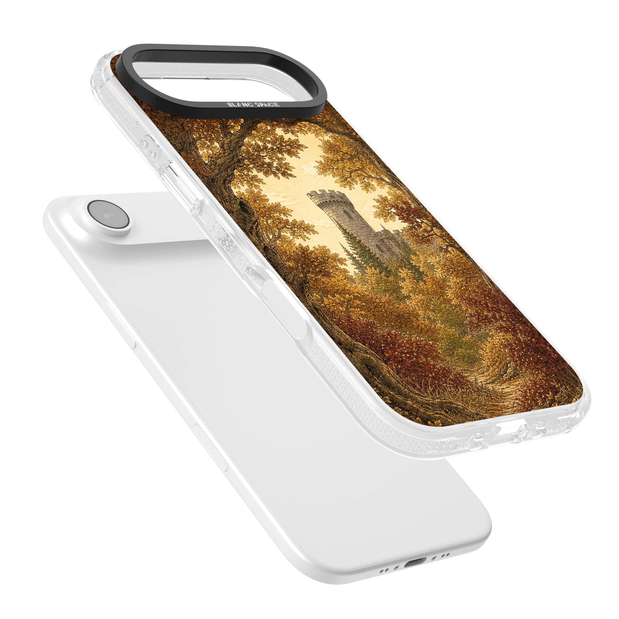 Autumn Keep cottagecore iPhone case featuring a medieval castle tower framed by golden autumn trees and woodland foliage | Clear Case Impact Air case for iPhone Air