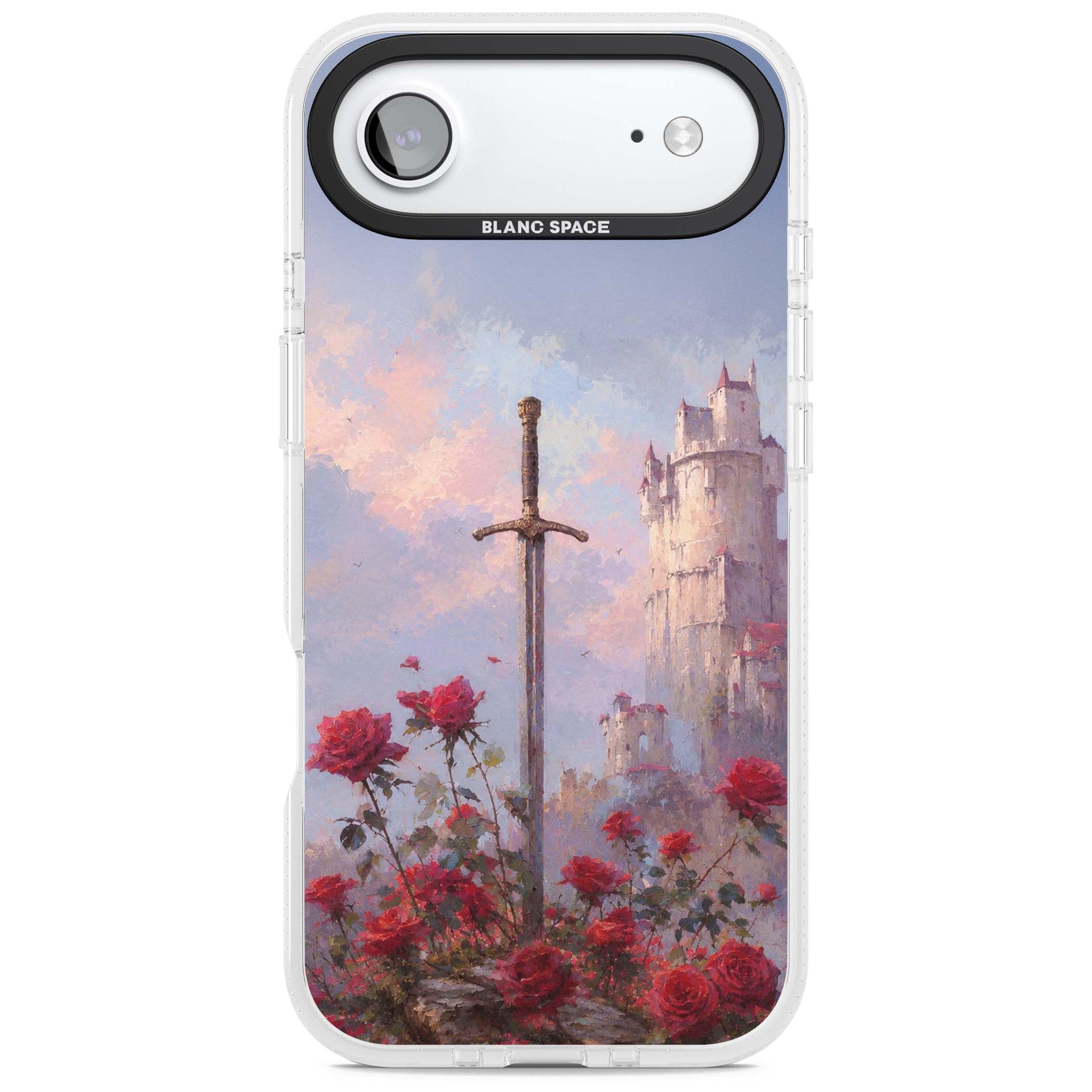 Sword in Roses medieval art iPhone case featuring a sword, red roses, and a misty fairytale castle at sunset | Clear Case Impact Air case for iPhone Air