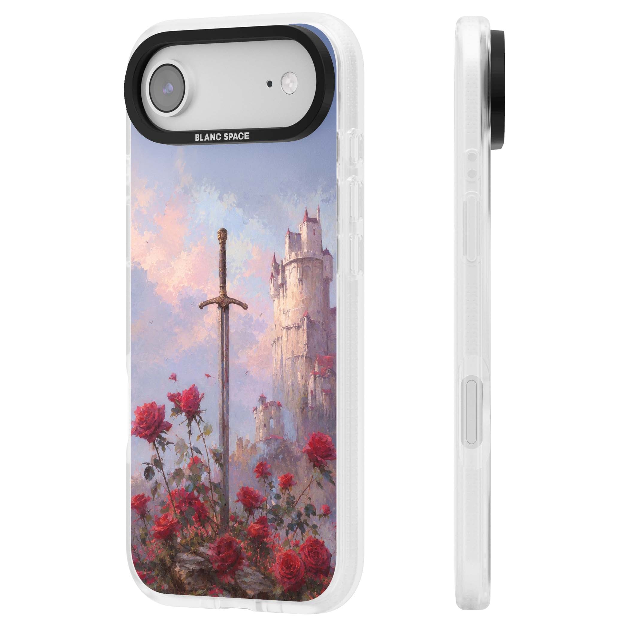 Sword in Roses medieval art iPhone case featuring a sword, red roses, and a misty fairytale castle at sunset | Clear Case Impact Air case for iPhone Air