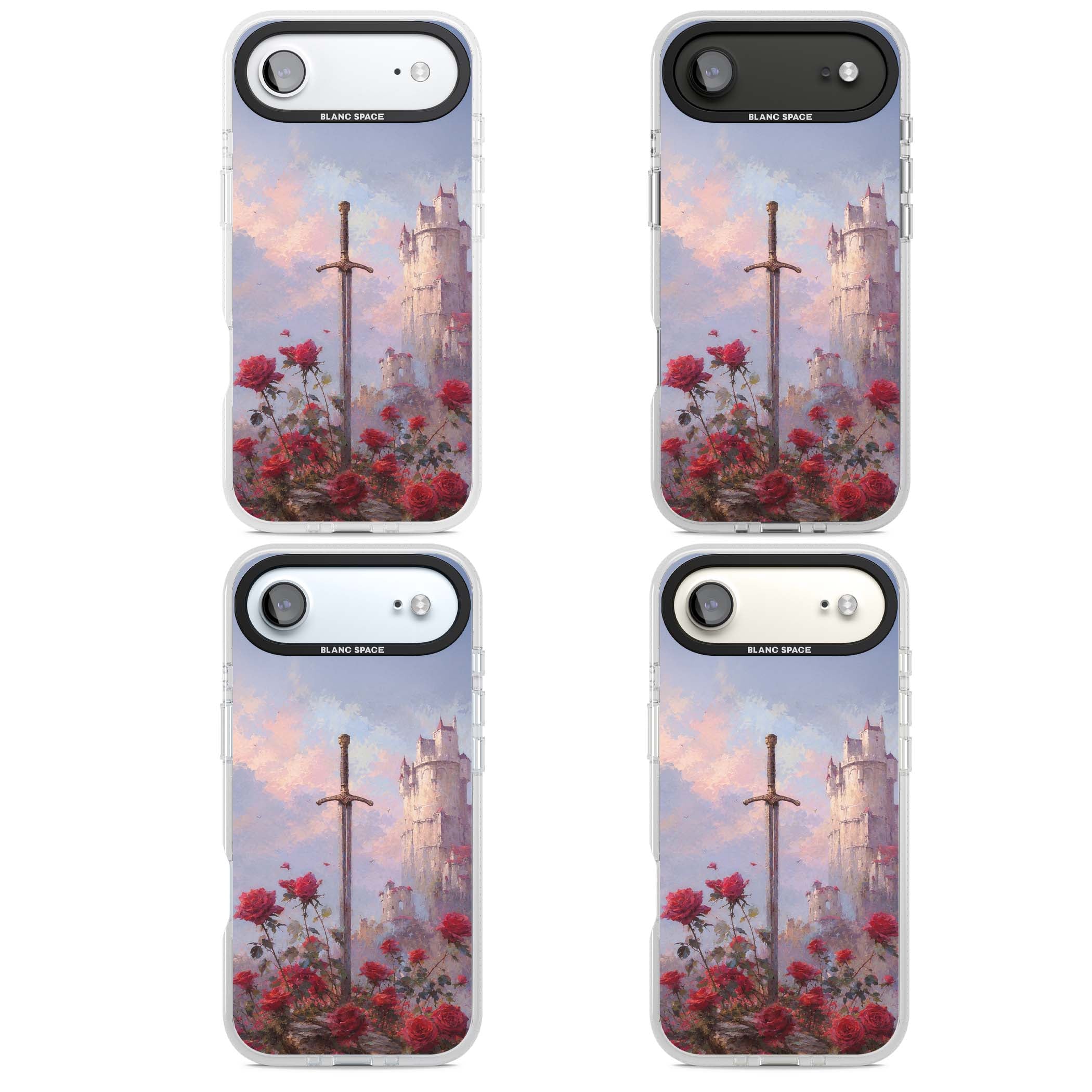 Sword in Roses medieval art iPhone case featuring a sword, red roses, and a misty fairytale castle at sunset | Clear Case Impact Air case for iPhone Air