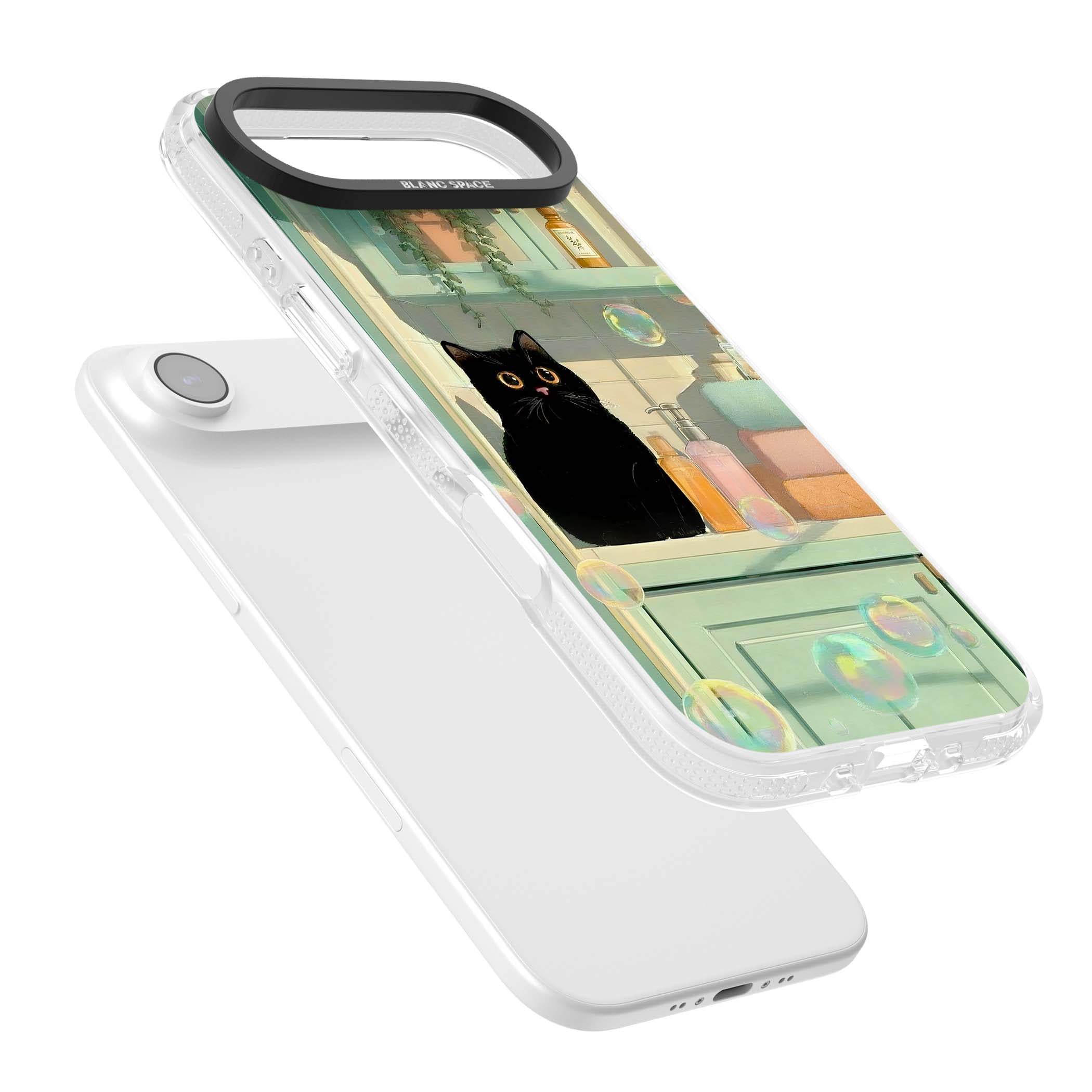 Bathroom Bubble Kitty cottagecore iPhone case featuring a black cat, mint bathroom scene and floating soap bubbles | Clear Case Impact Air case for iPhone Air