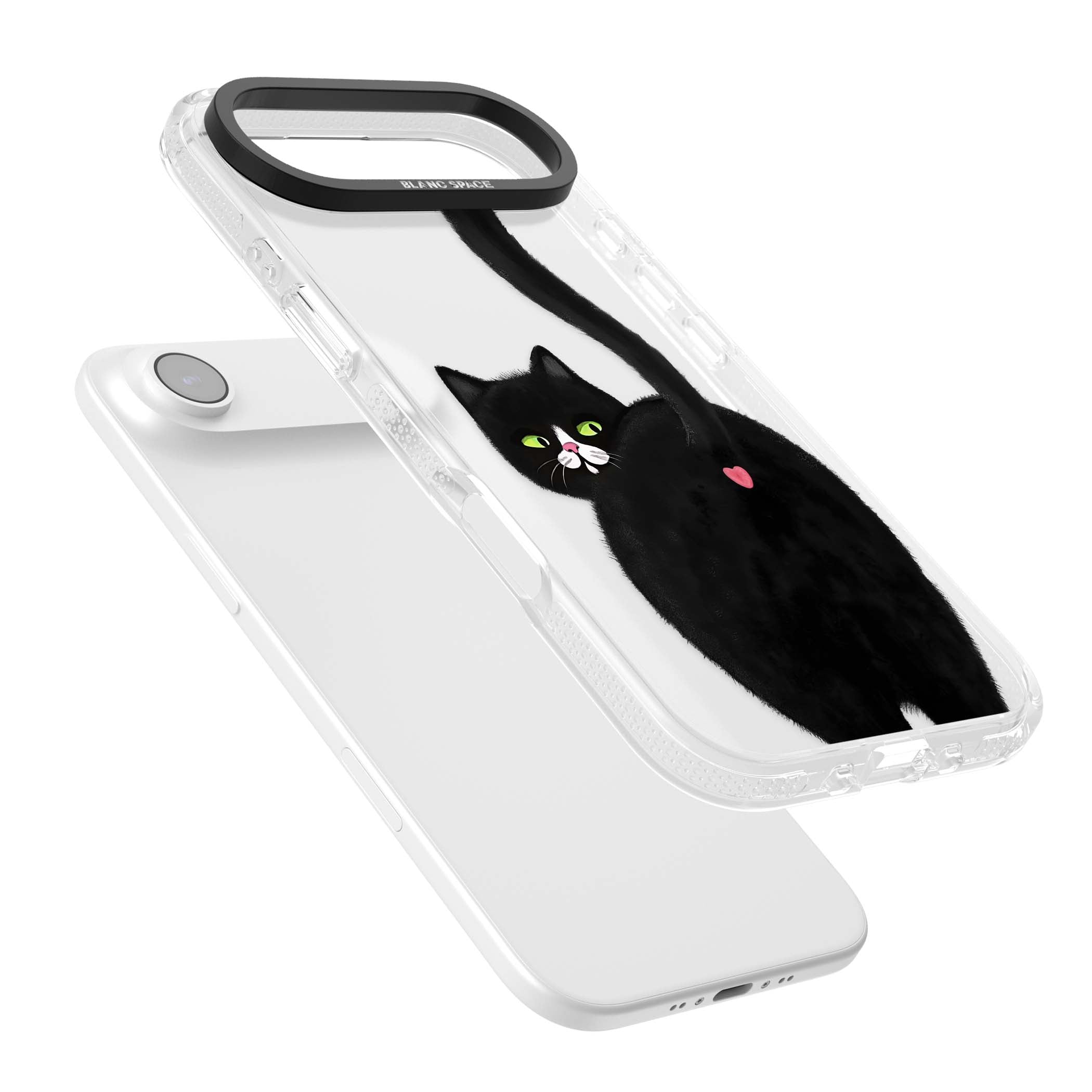 The Cat's Kiss cute cat iPhone case featuring a hand-painted tuxedo kitty with green eyes and a pink heart on a clear  | Clear Case Impact Air case for iPhone Air