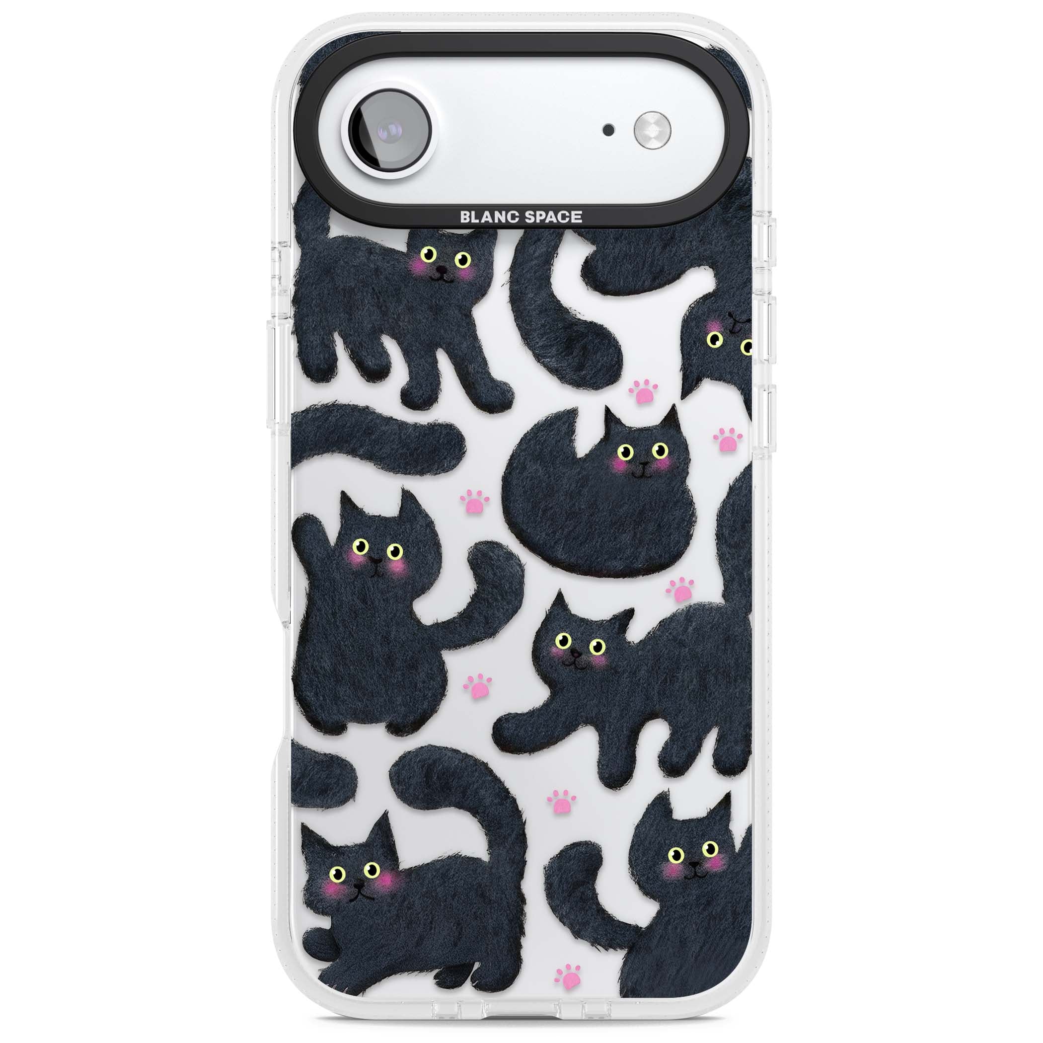 Midnight Cats cute iPhone case featuring black cat pattern with yellow eyes and pink paw prints | Clear Case Impact Air case for iPhone Air