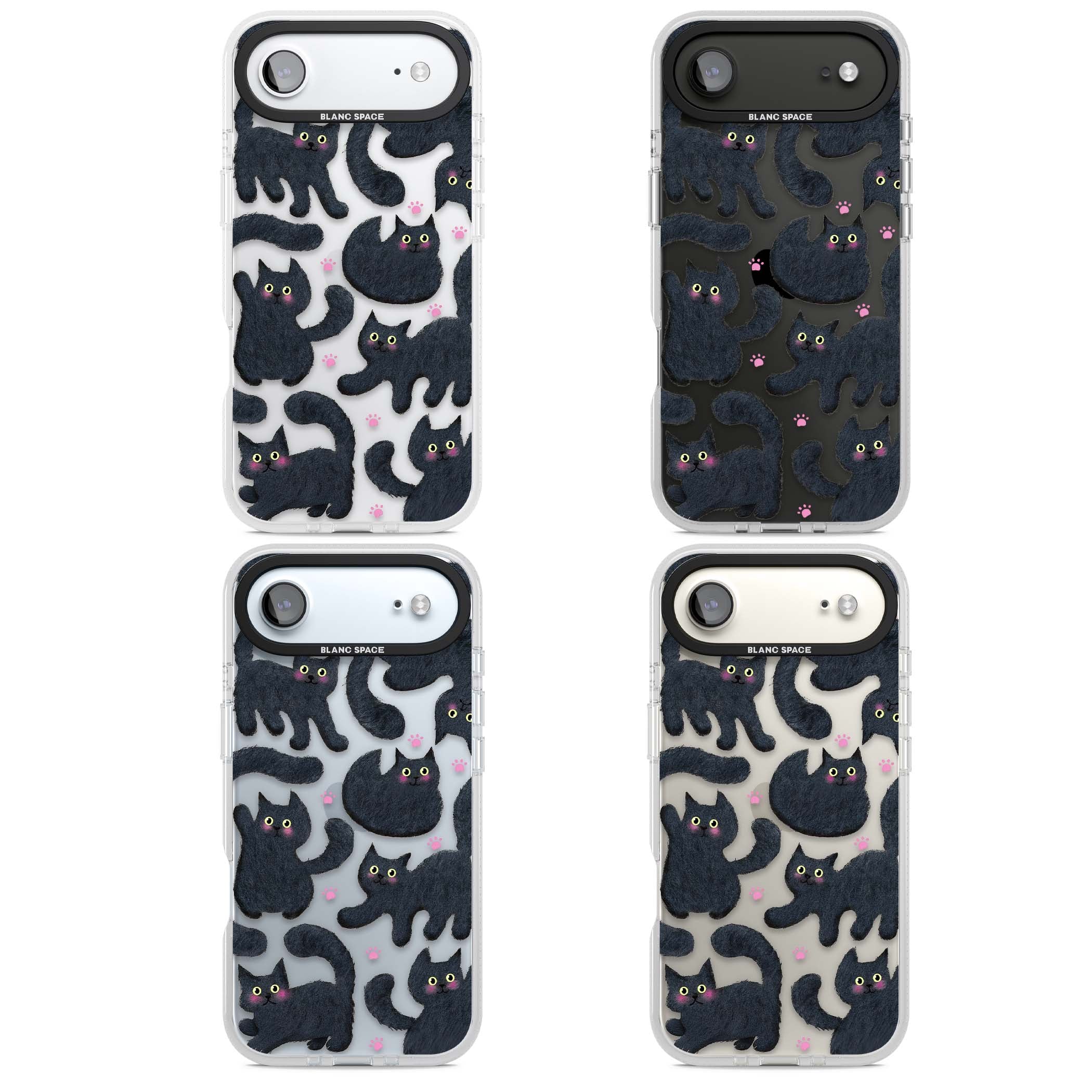 Midnight Cats cute iPhone case featuring black cat pattern with yellow eyes and pink paw prints | Clear Case Impact Air case for iPhone Air