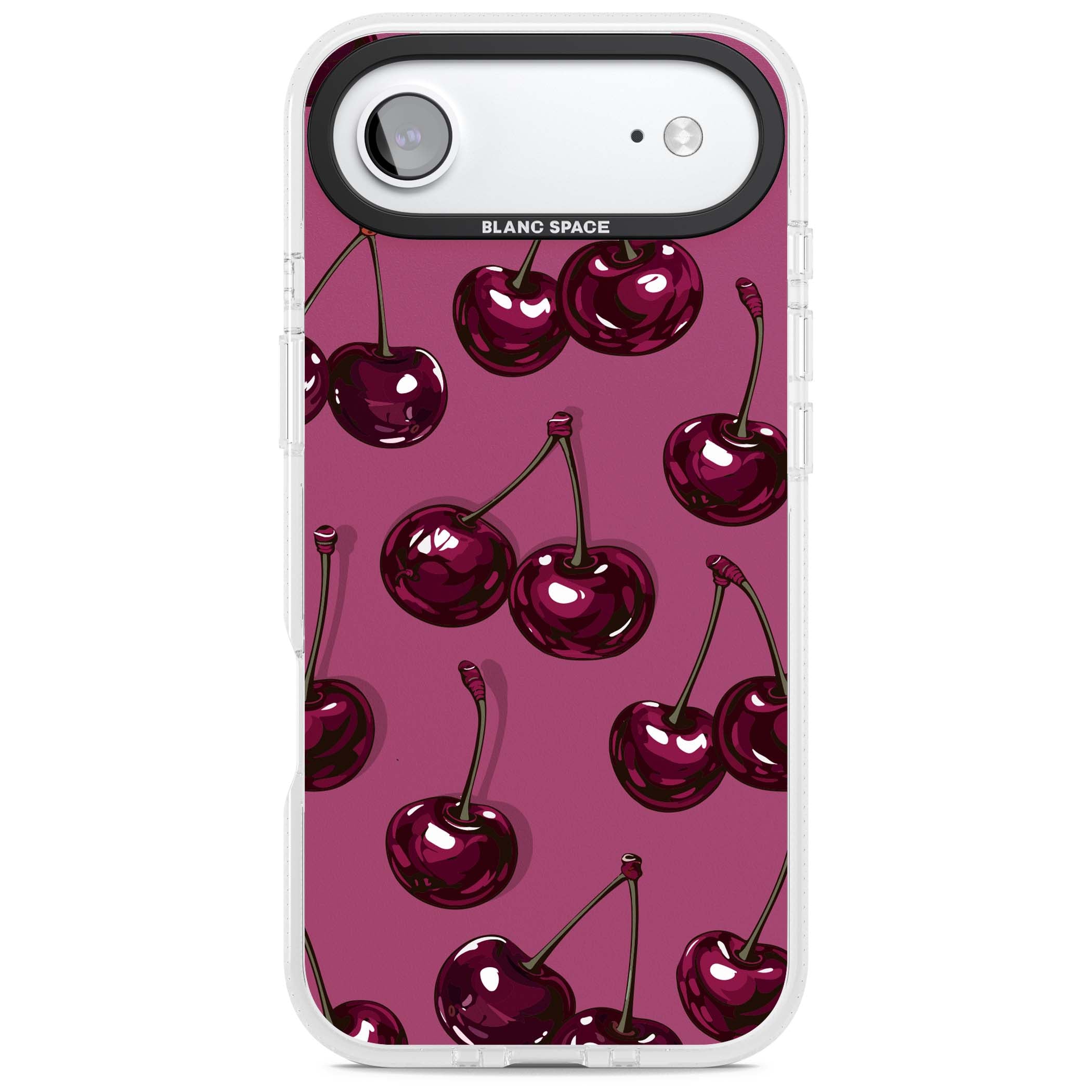 Cherry Soda coquette iPhone case featuring glossy burgundy cherries on a dusty pink background | Clear Case Impact Air case for iPhone Air