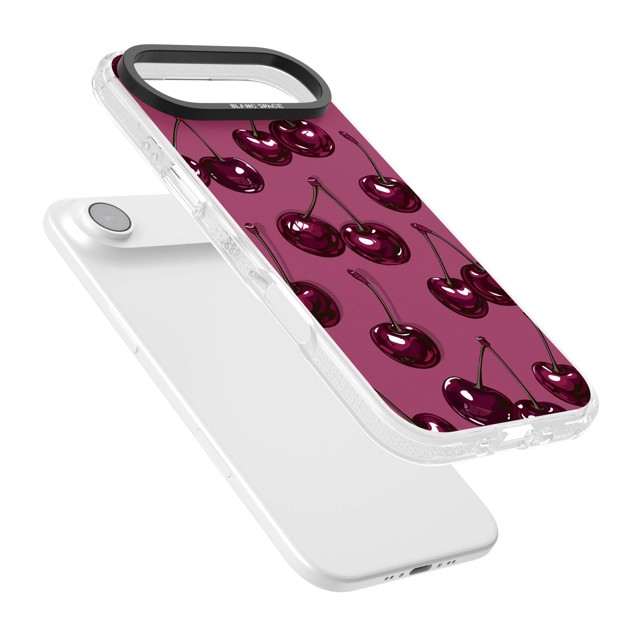 Cherry Soda coquette iPhone case featuring glossy burgundy cherries on a dusty pink background | Clear Case Impact Air case for iPhone Air