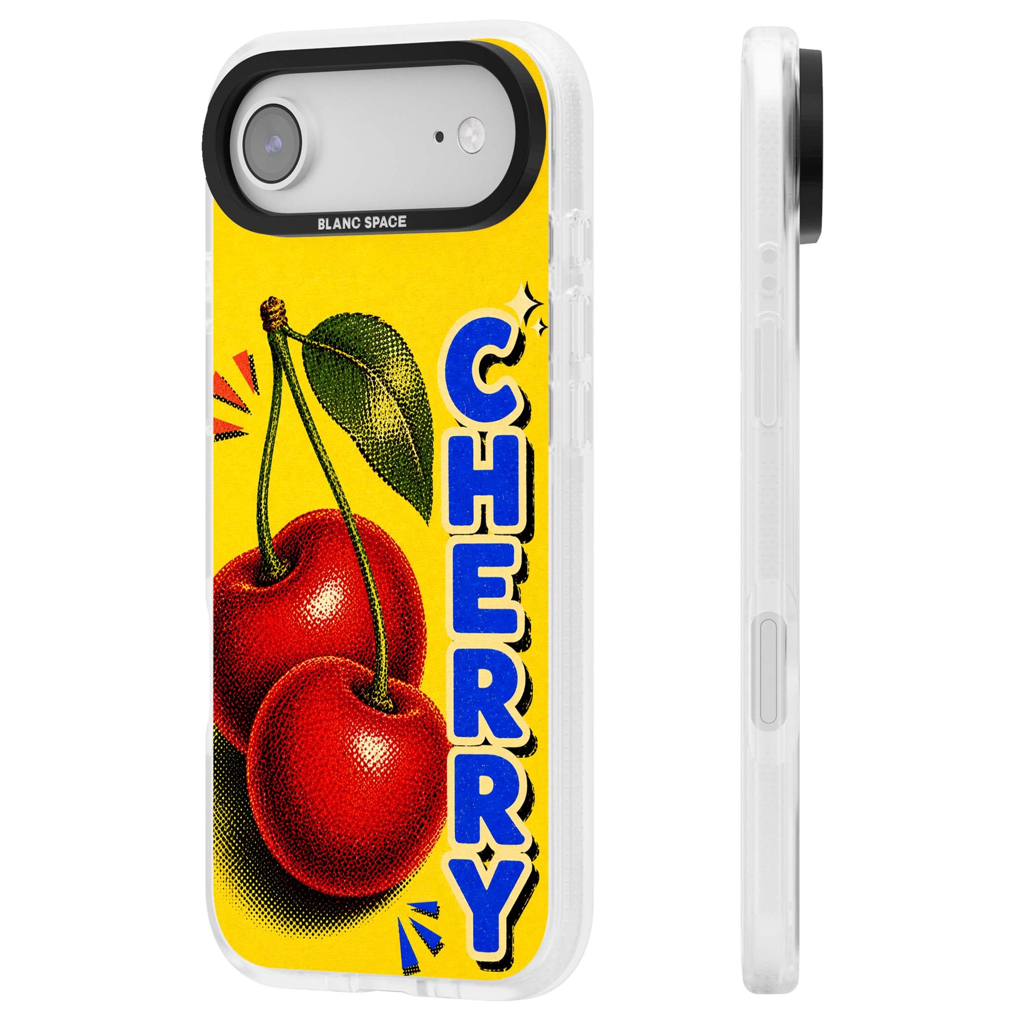 Cherry Yellow y2k iPhone case featuring two red cherries, halftone shading and bold blue CHERRY lettering on yellow | Clear Case Impact Air case for iPhone Air