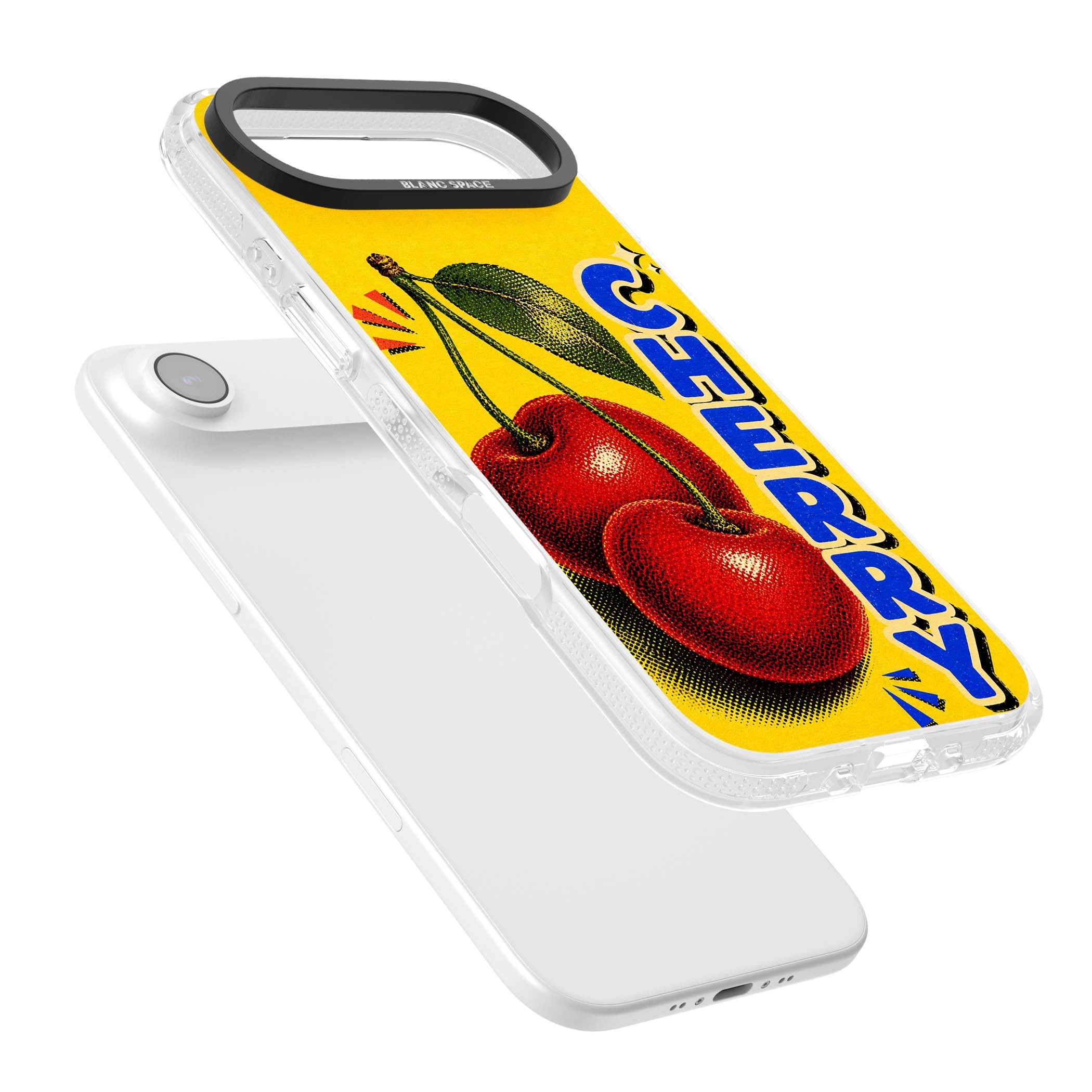 Cherry Yellow y2k iPhone case featuring two red cherries, halftone shading and bold blue CHERRY lettering on yellow | Clear Case Impact Air case for iPhone Air