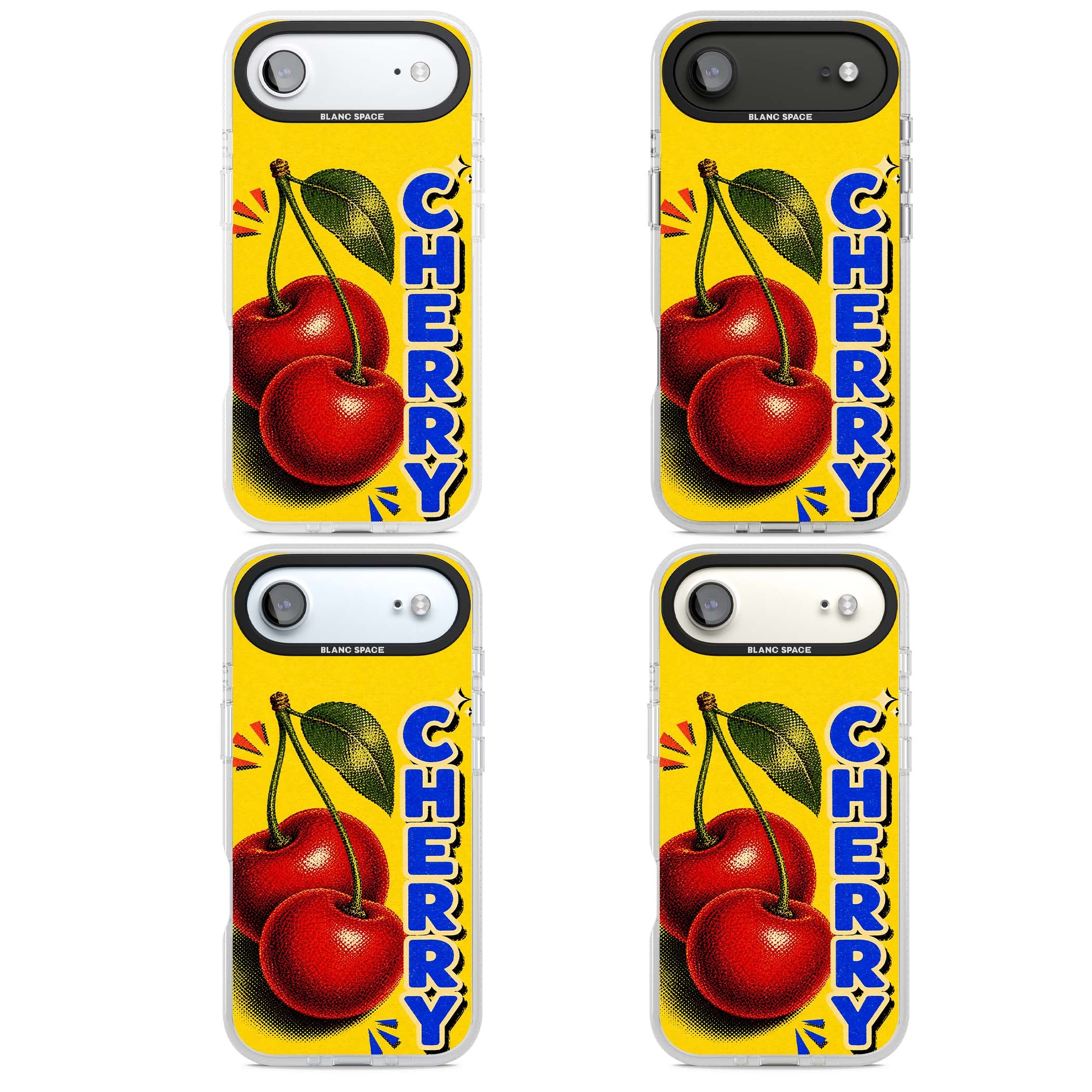 Cherry Yellow y2k iPhone case featuring two red cherries, halftone shading and bold blue CHERRY lettering on yellow | Clear Case Impact Air case for iPhone Air