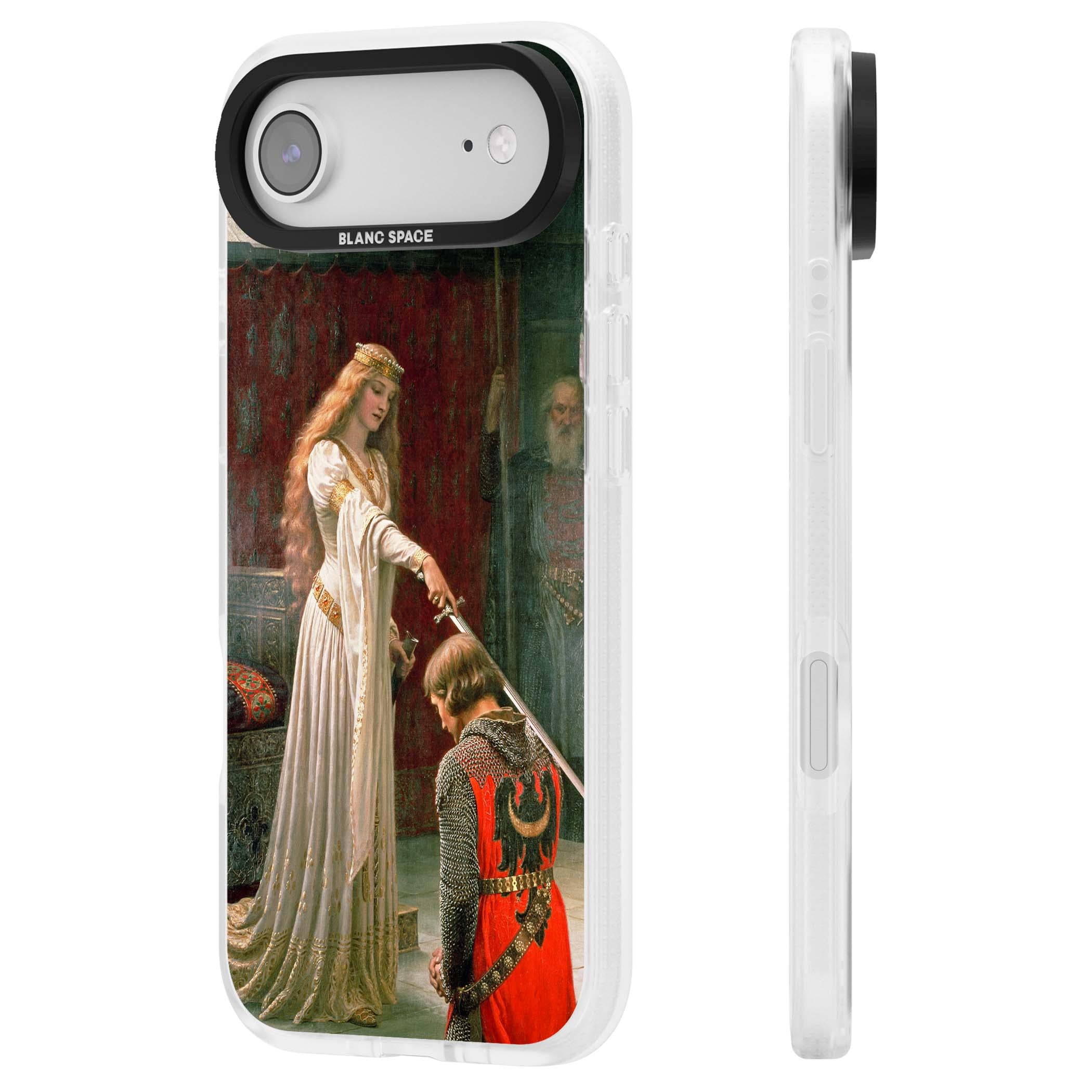 The Accolade renaissance art iPhone case featuring Edmund Blair Leighton's painting of a queen knighting a kneeling knight | Clear Case Impact Air case for iPhone Air