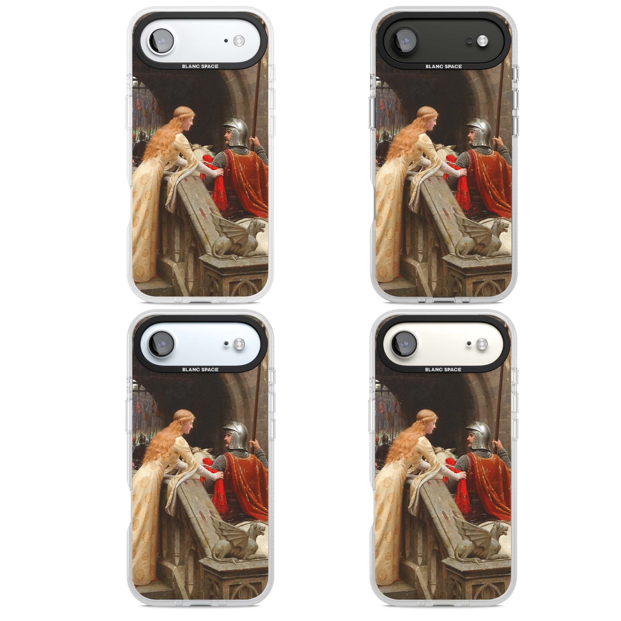 God Speed fine art iPhone case featuring Edmund Blair Leighton's medieval knight and lady beneath a stone archway | Clear Case Impact Air case for iPhone Air