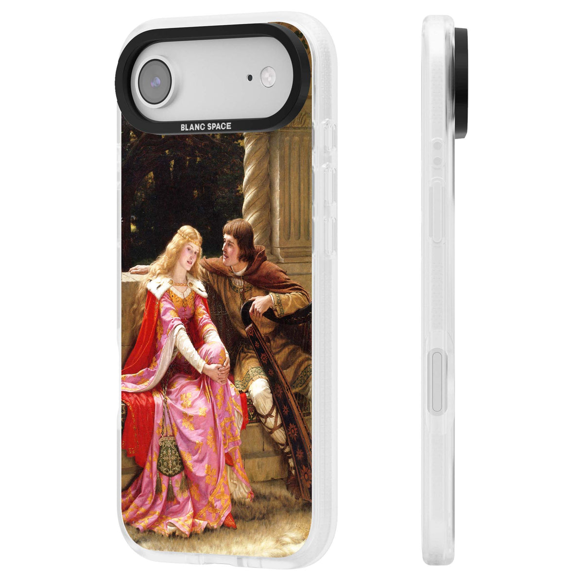 The End of the Song classic art iPhone case featuring a medieval lady in pink gown and her knight in a stone archway | Clear Case Impact Air case for iPhone Air