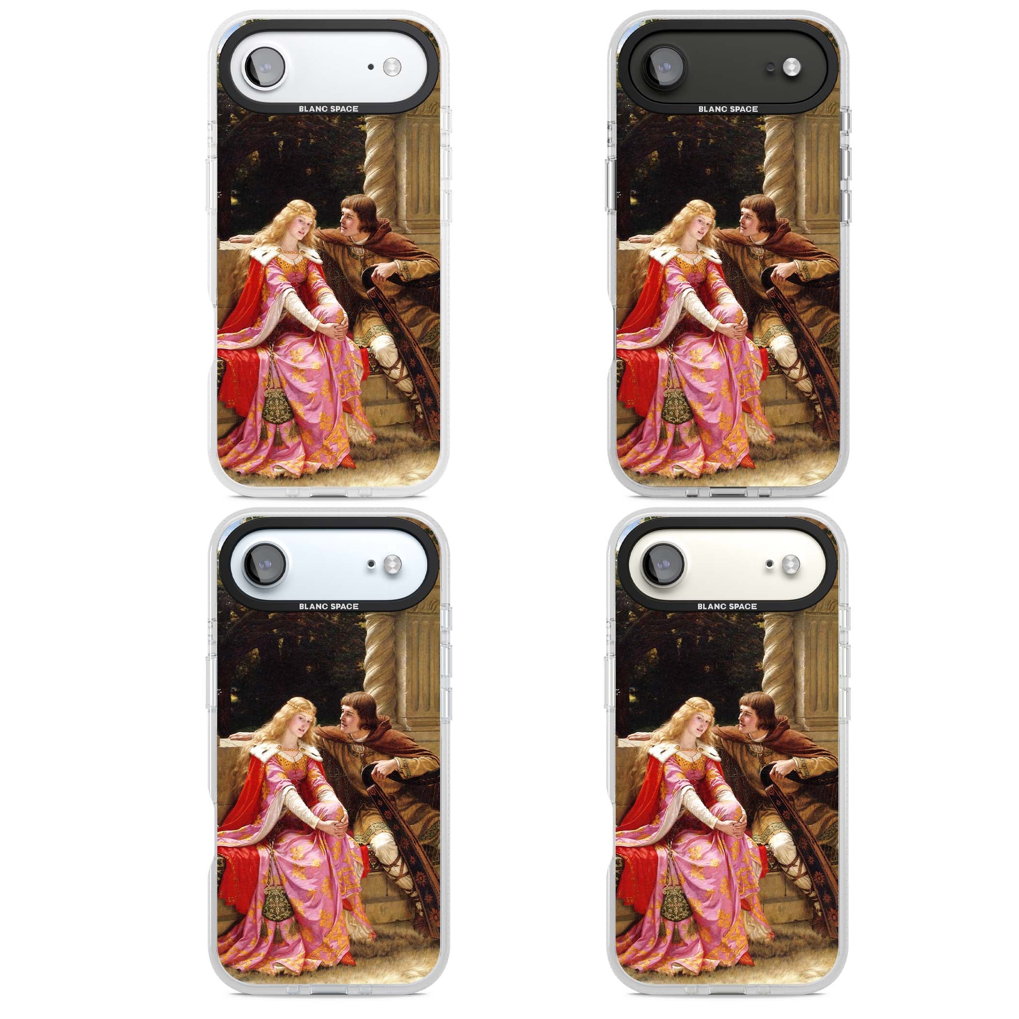 The End of the Song classic art iPhone case featuring a medieval lady in pink gown and her knight in a stone archway | Clear Case Impact Air case for iPhone Air