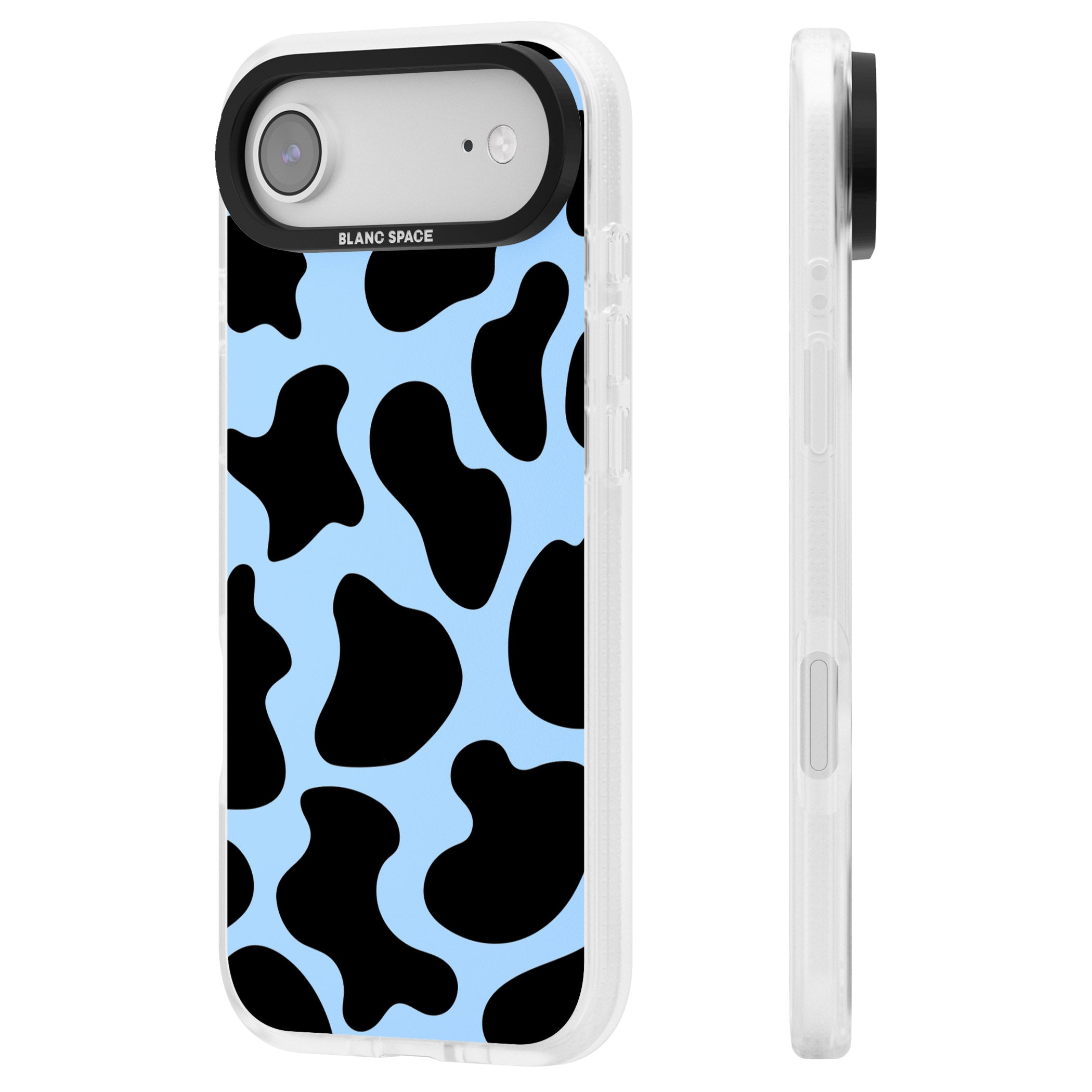 Blue And Black Cow Print iPhone 17 Air Impact Air Clear Phone Case Side Profile