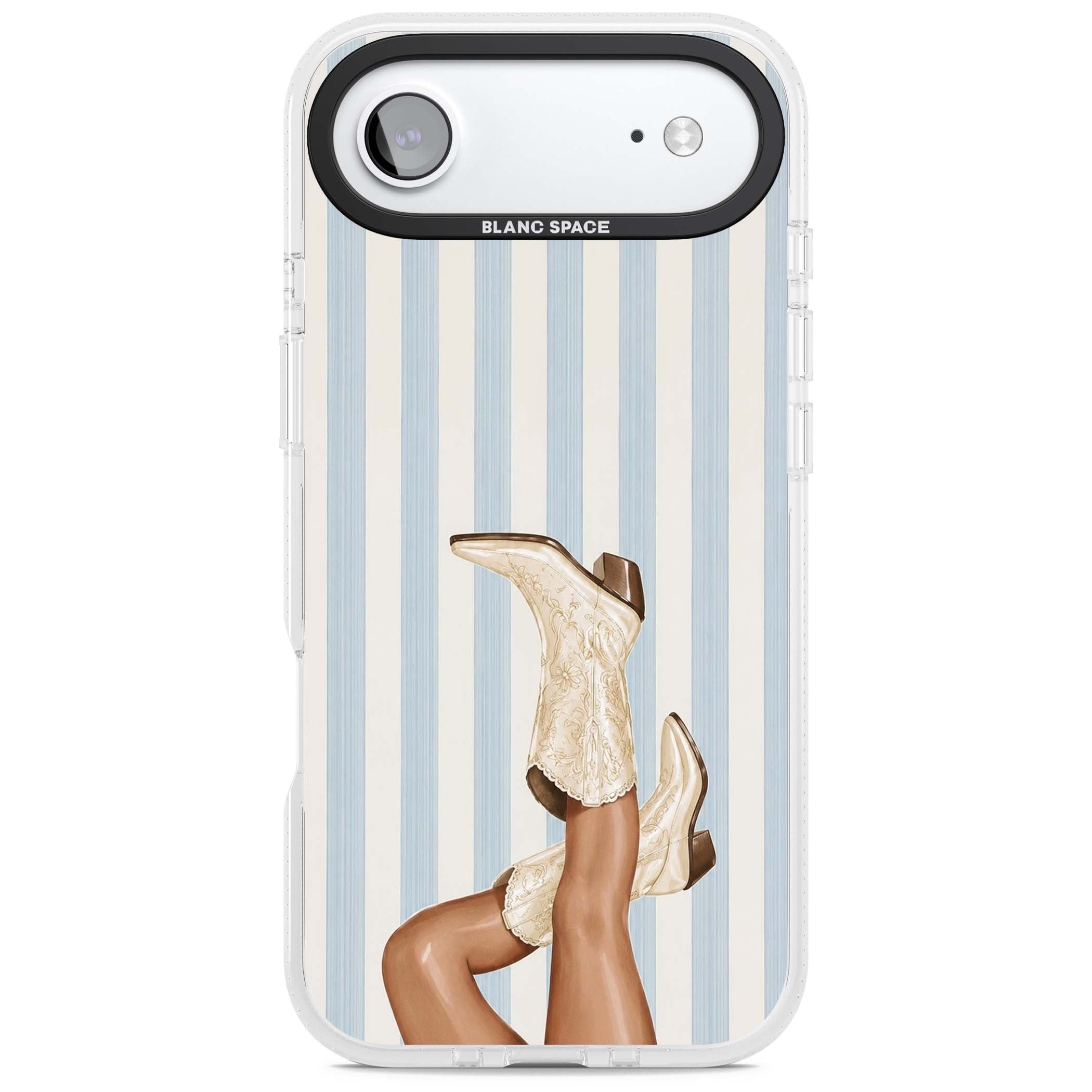 Cowgirl Boots coastal cowgirl iPhone case featuring embroidered western boots, tanned legs and a blue stripe backdrop | Clear Case Impact Air case for iPhone Air