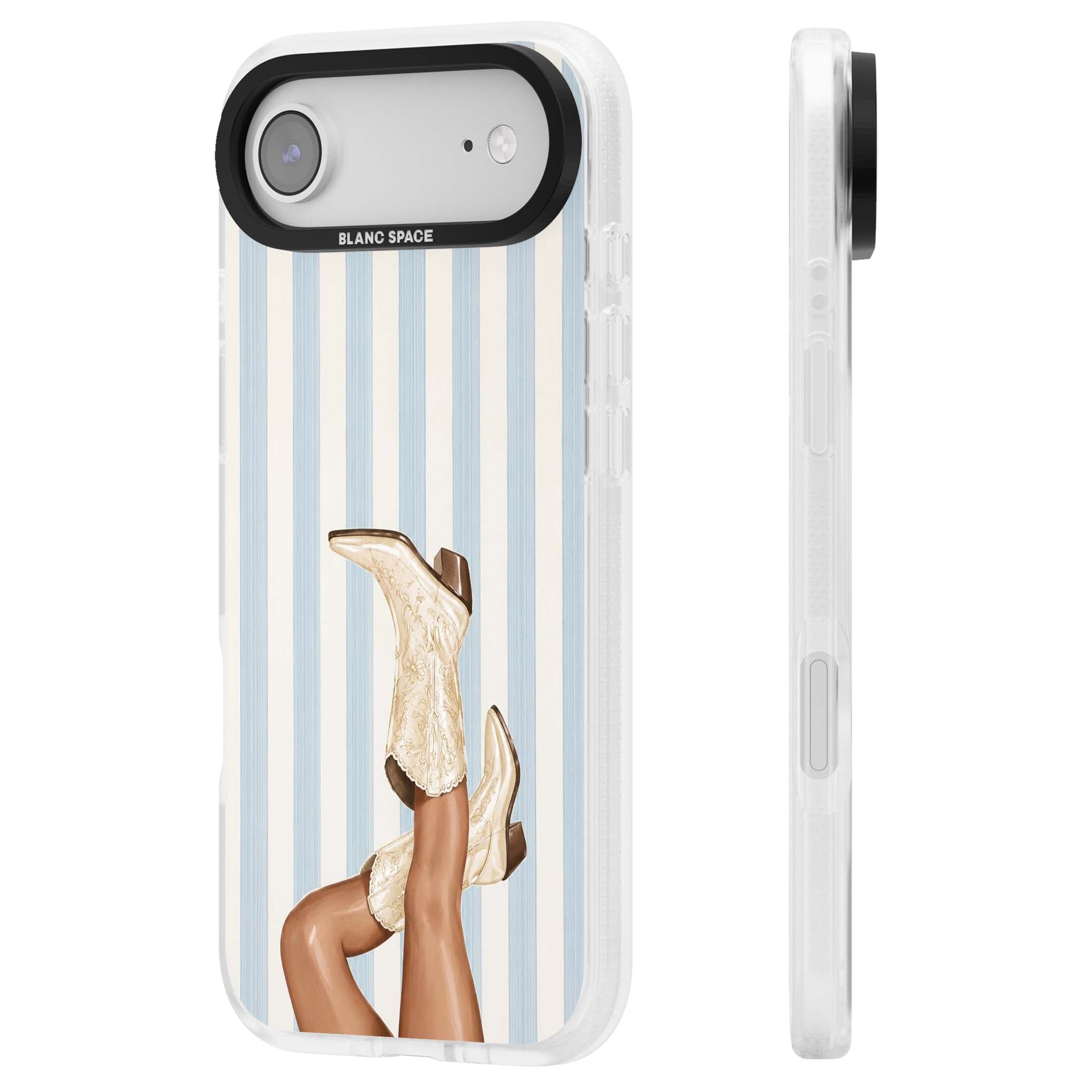 Cowgirl Boots coastal cowgirl iPhone case featuring embroidered western boots, tanned legs and a blue stripe backdrop | Clear Case Impact Air case for iPhone Air