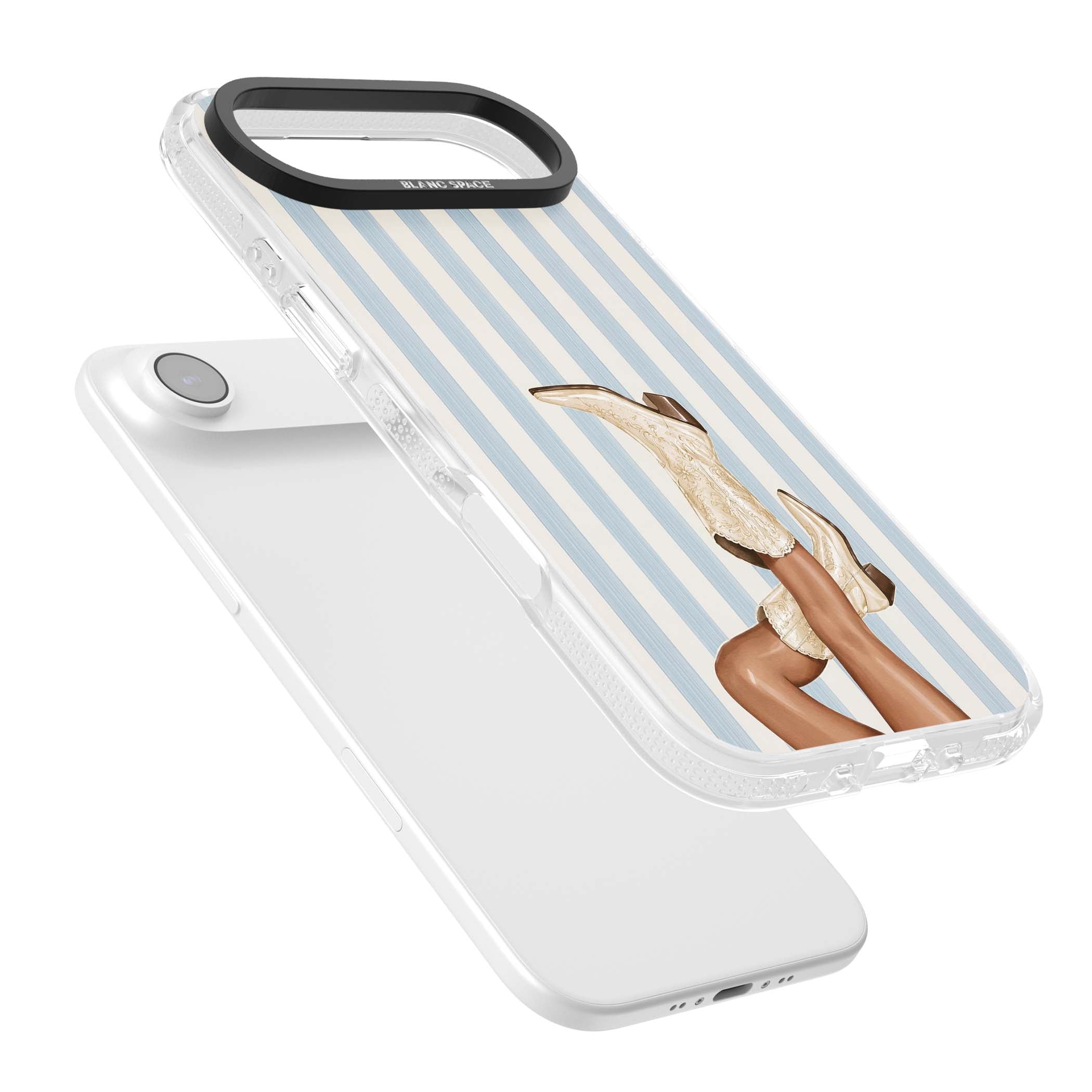 Cowgirl Boots coastal cowgirl iPhone case featuring embroidered western boots, tanned legs and a blue stripe backdrop | Clear Case Impact Air case for iPhone Air