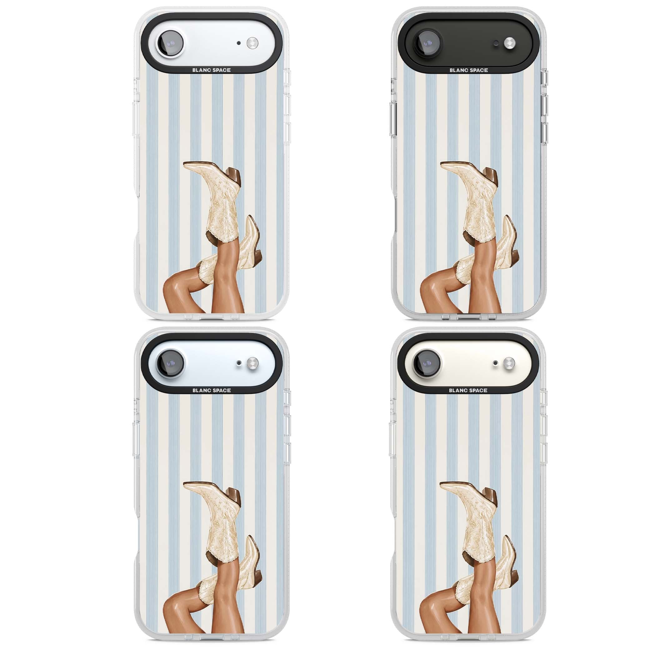 Cowgirl Boots coastal cowgirl iPhone case featuring embroidered western boots, tanned legs and a blue stripe backdrop | Clear Case Impact Air case for iPhone Air
