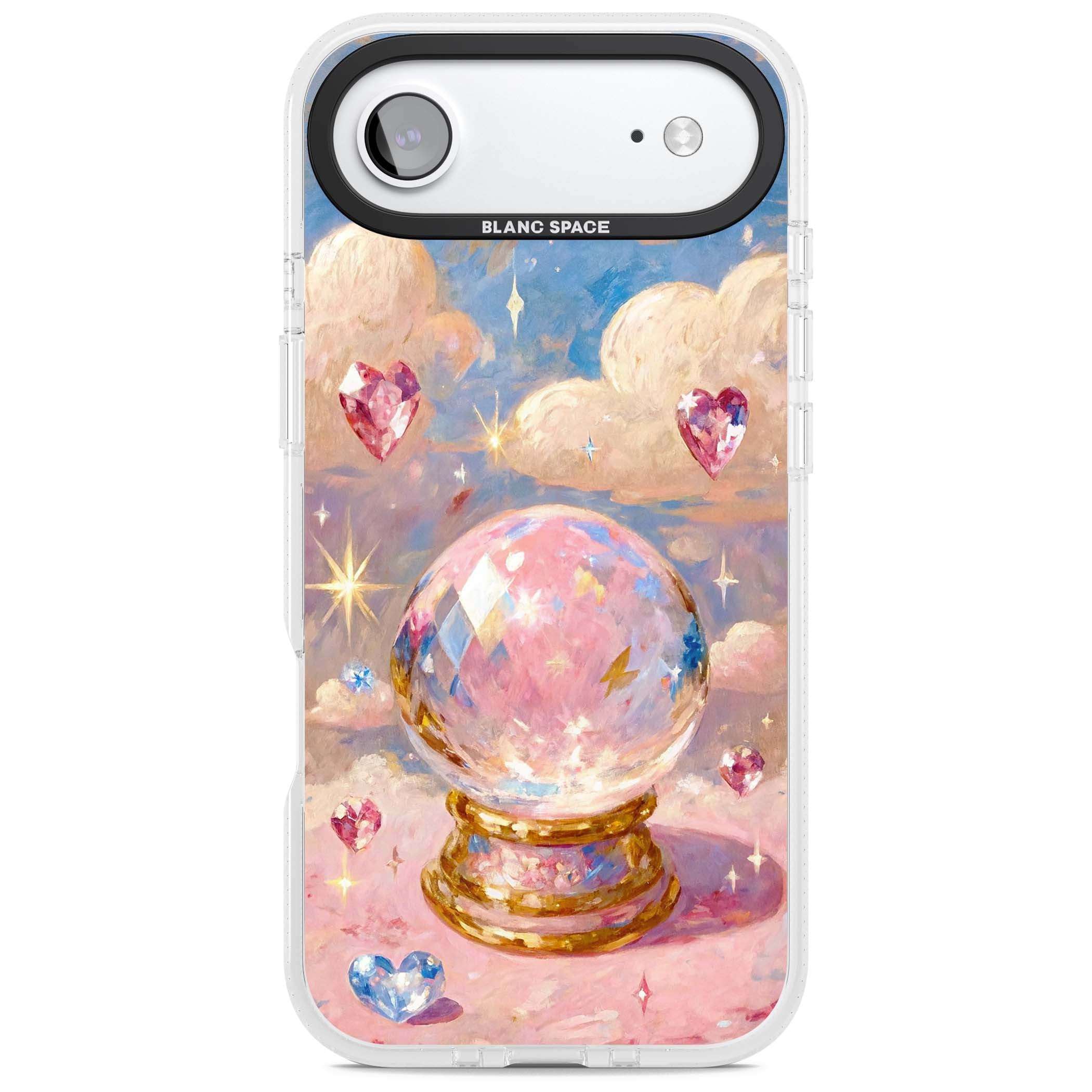 Crystal Ball fairycore iPhone case featuring a painted crystal ball, heart gemstones, and pastel clouds | Clear Case Impact Air case for iPhone Air
