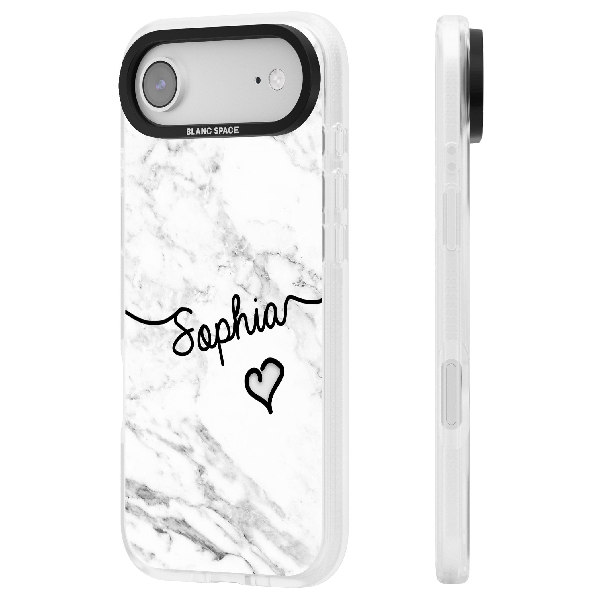 Personalised White Marble Heart iPhone 17 Air Impact Air Clear Phone Case Side Profile