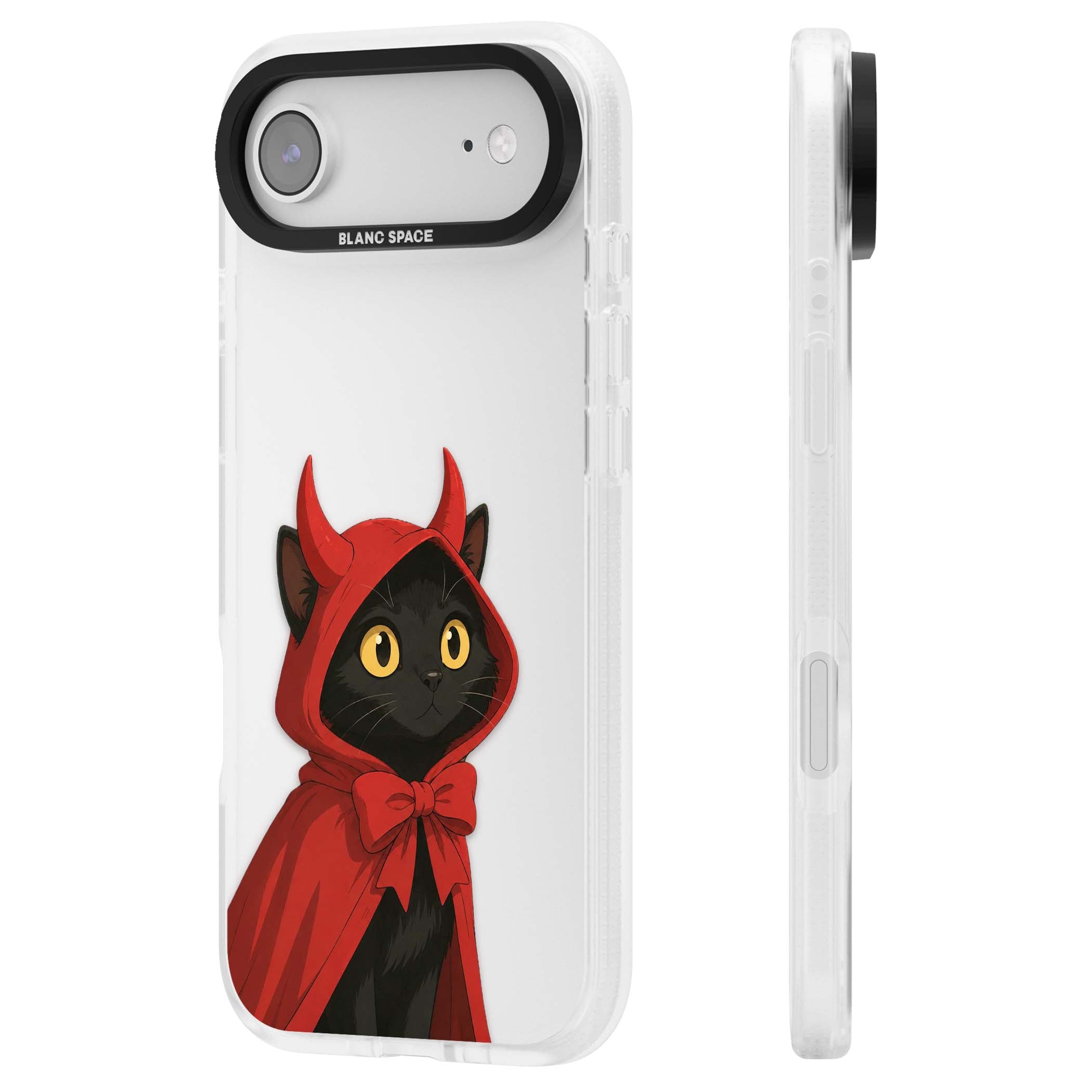 Little Devil halloween iPhone case featuring a black cat in a red hooded devil cloak with horns and golden eyes | Clear Case Impact Air case for iPhone Air