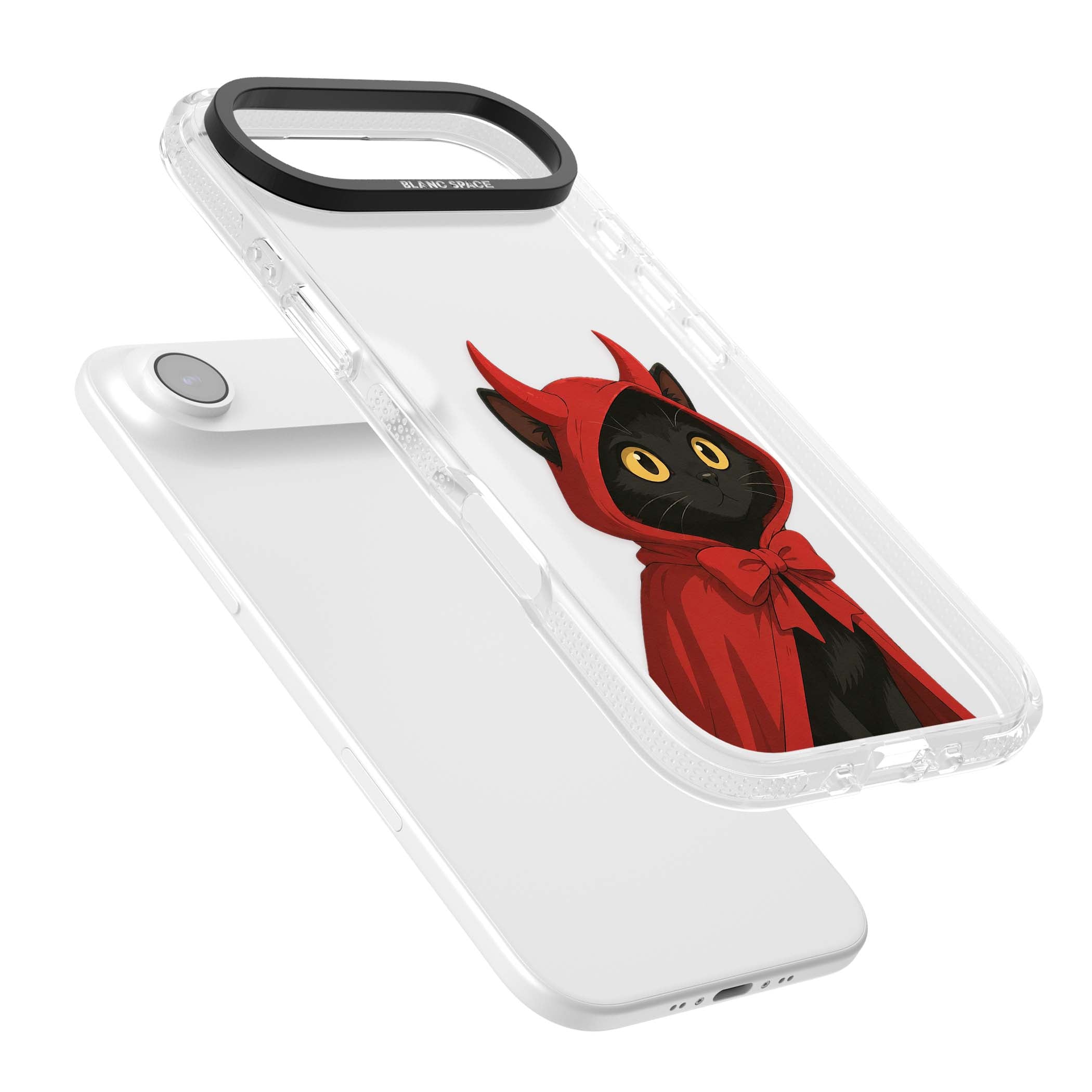 Little Devil halloween iPhone case featuring a black cat in a red hooded devil cloak with horns and golden eyes | Clear Case Impact Air case for iPhone Air