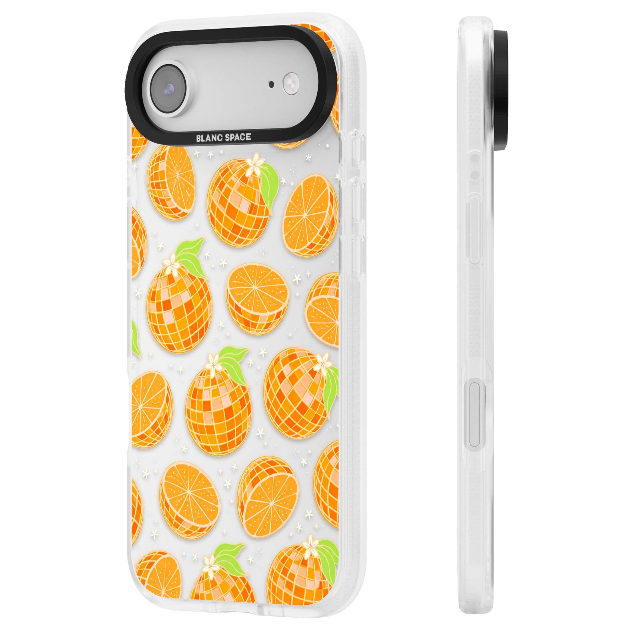 Disco Oranges retro iPhone case featuring mirrorball oranges, citrus slices and tiny blossoms on clear | Clear Case Impact Air case for iPhone Air