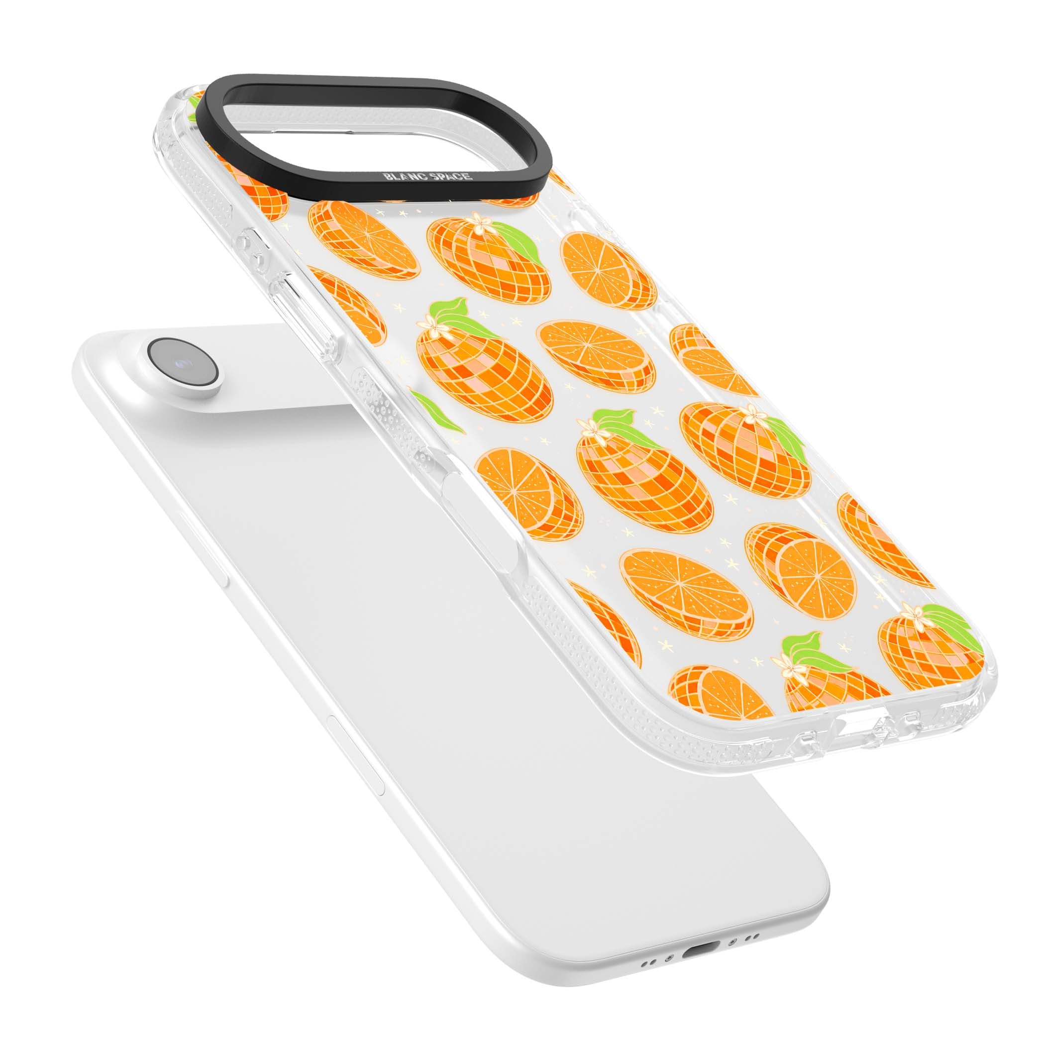 Disco Oranges retro iPhone case featuring mirrorball oranges, citrus slices and tiny blossoms on clear | Clear Case Impact Air case for iPhone Air