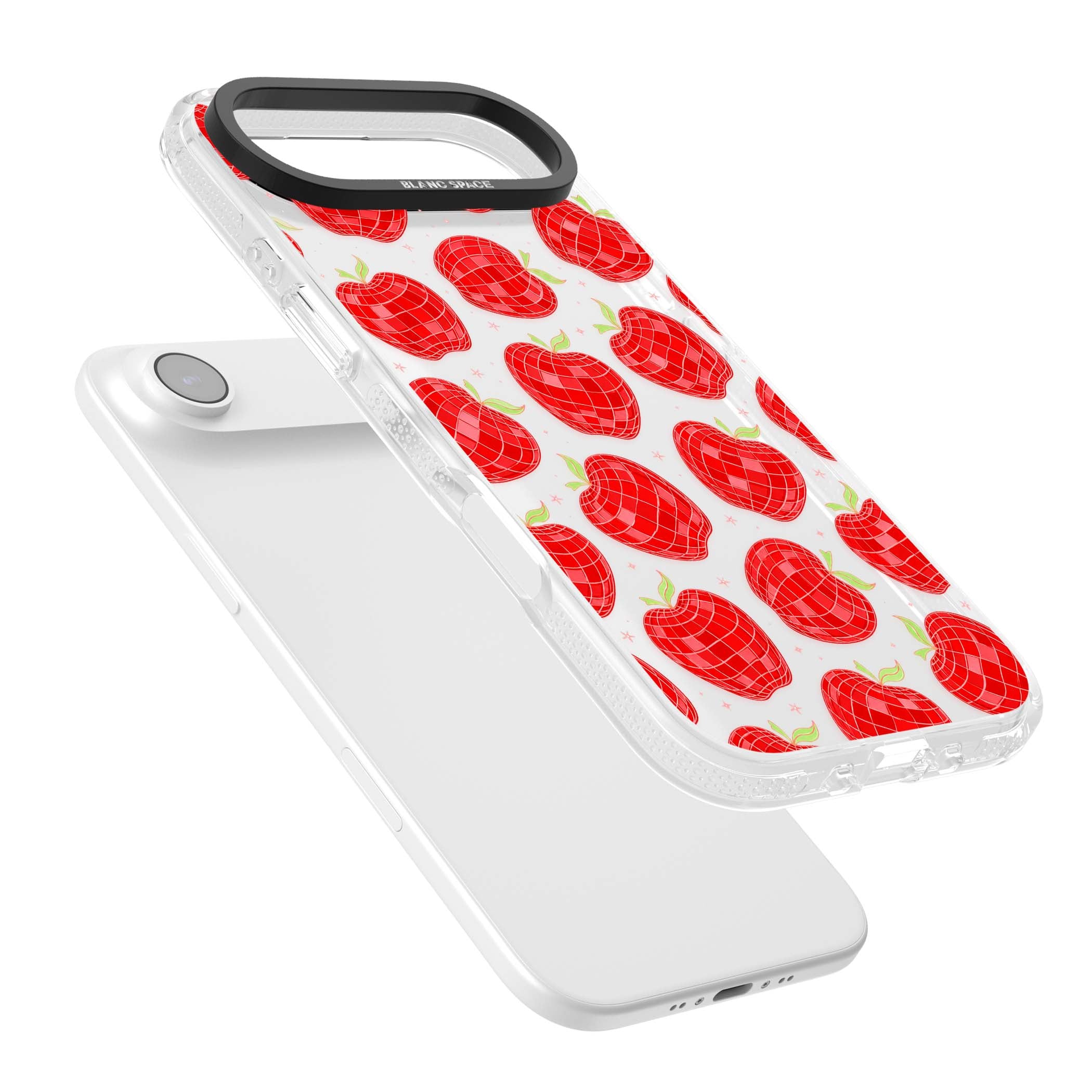 Disco Apples Y2K iPhone case featuring red disco ball apples, green leaves and pink sparkles on clear | Clear Case Impact Air case for iPhone Air