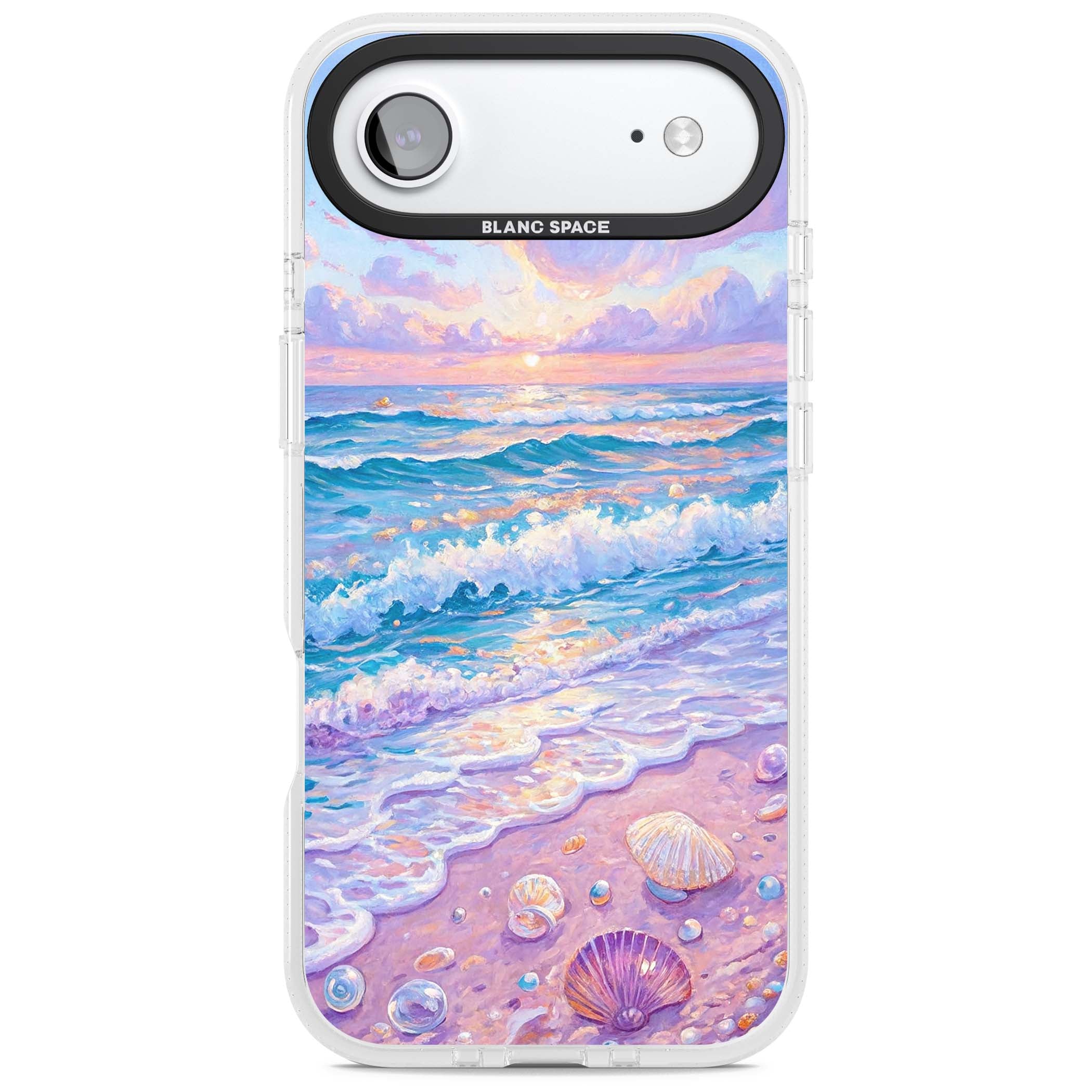 Pearl Shore coastal iPhone case featuring pastel painted waves, seashells, and a sunrise sky over a lavender beach. | Clear Case Impact Air case for iPhone Air