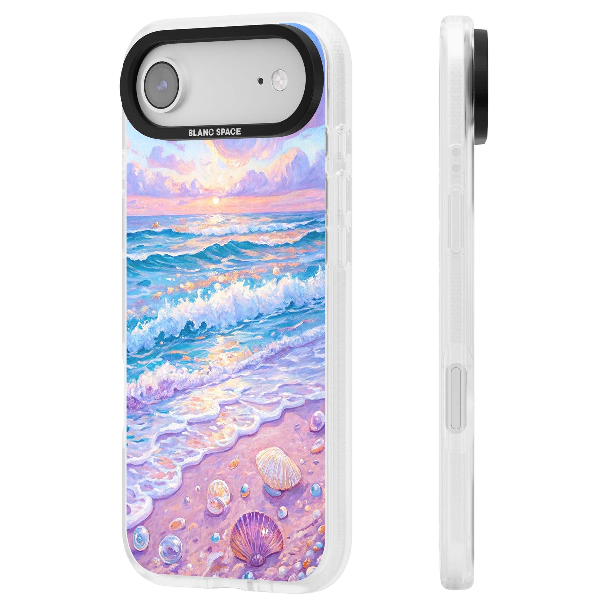 Pearl Shore coastal iPhone case featuring pastel painted waves, seashells, and a sunrise sky over a lavender beach. | Clear Case Impact Air case for iPhone Air