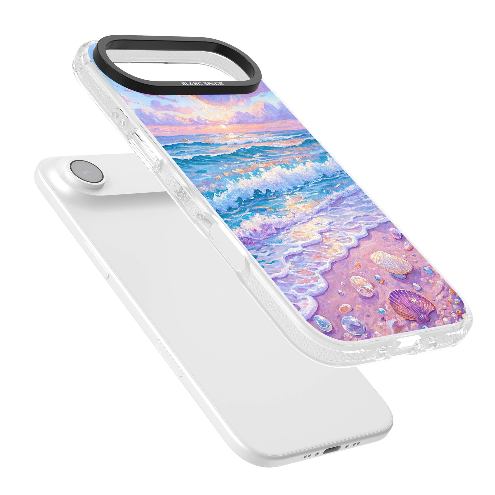 Pearl Shore coastal iPhone case featuring pastel painted waves, seashells, and a sunrise sky over a lavender beach. | Clear Case Impact Air case for iPhone Air
