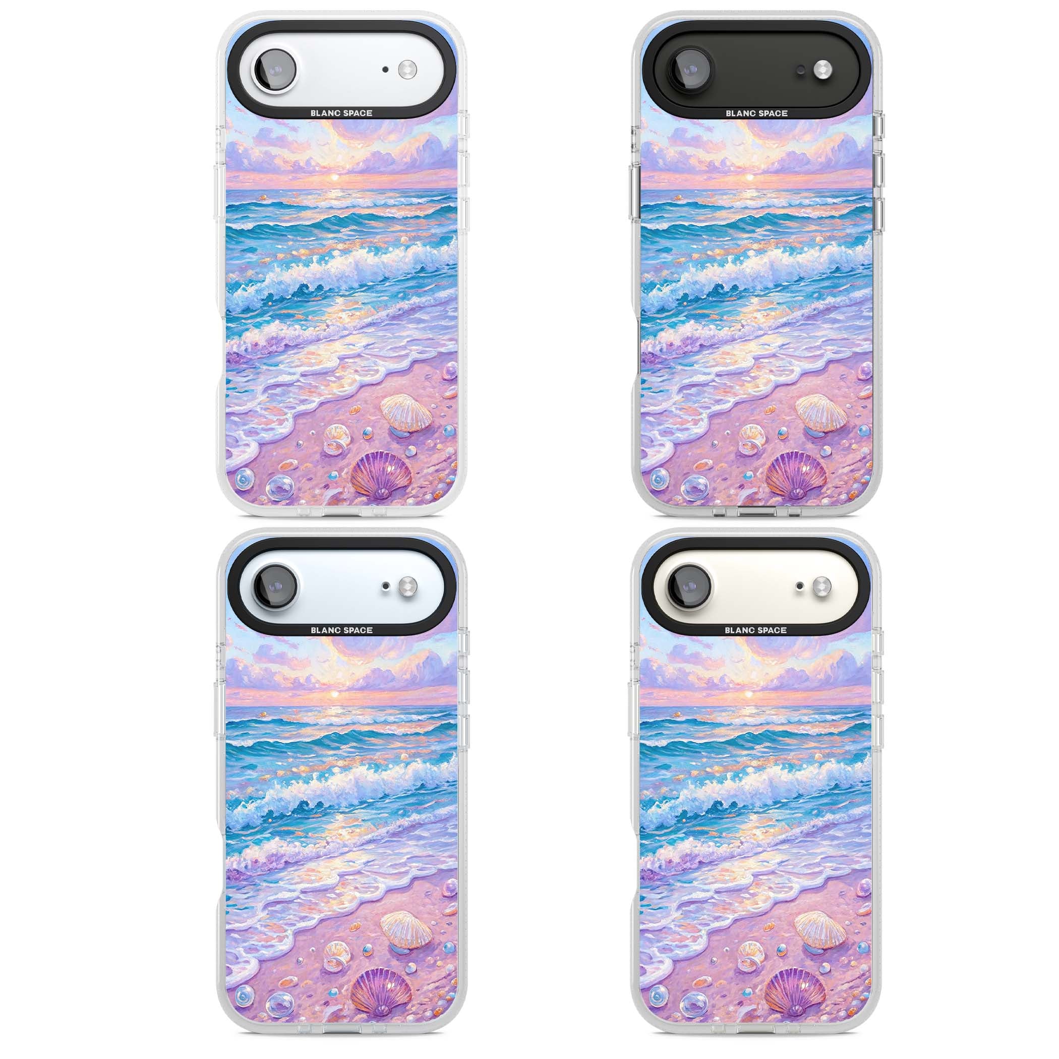 Pearl Shore coastal iPhone case featuring pastel painted waves, seashells, and a sunrise sky over a lavender beach. | Clear Case Impact Air case for iPhone Air