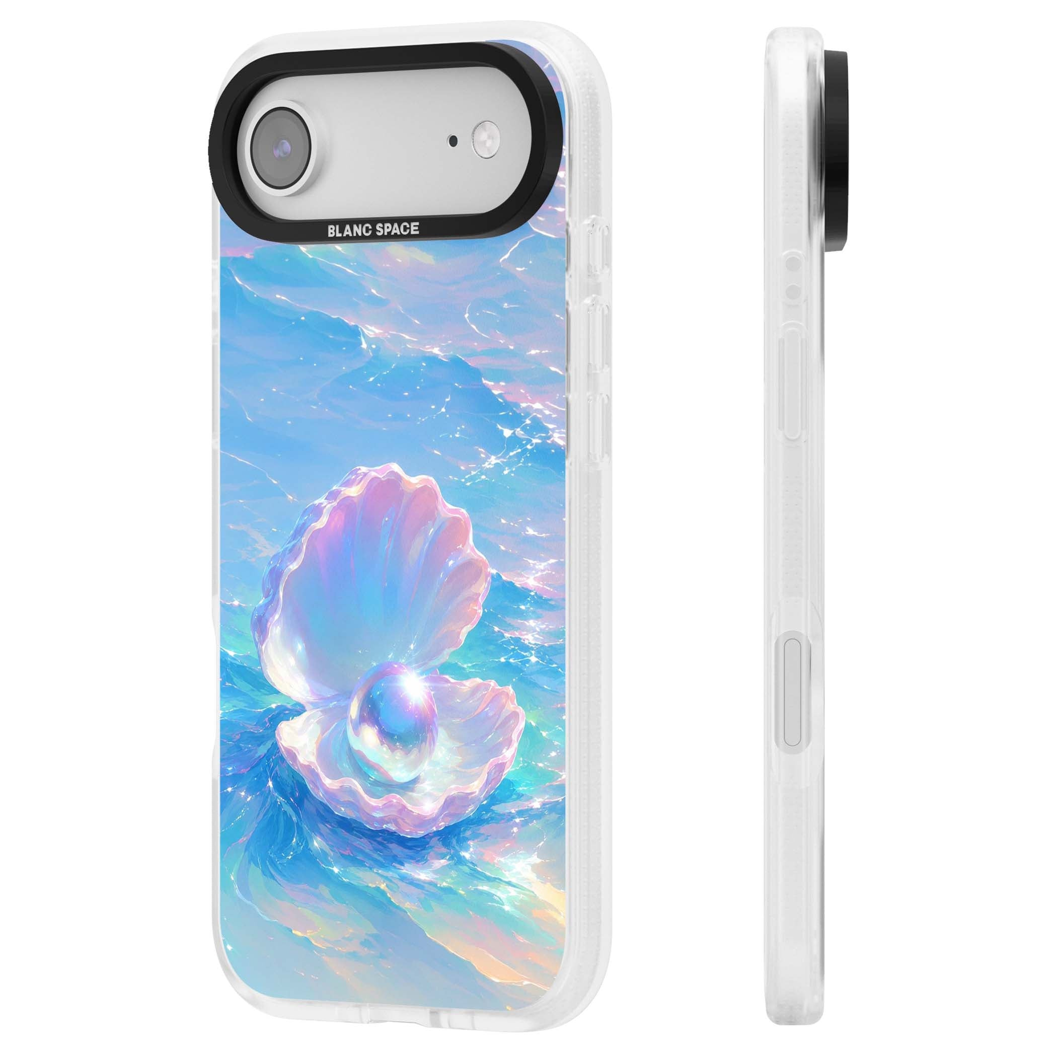 The Pearl Clam mermaidcore iPhone case featuring iridescent seashell, glowing pearl and pastel ocean waves | Clear Case Impact Air case for iPhone Air