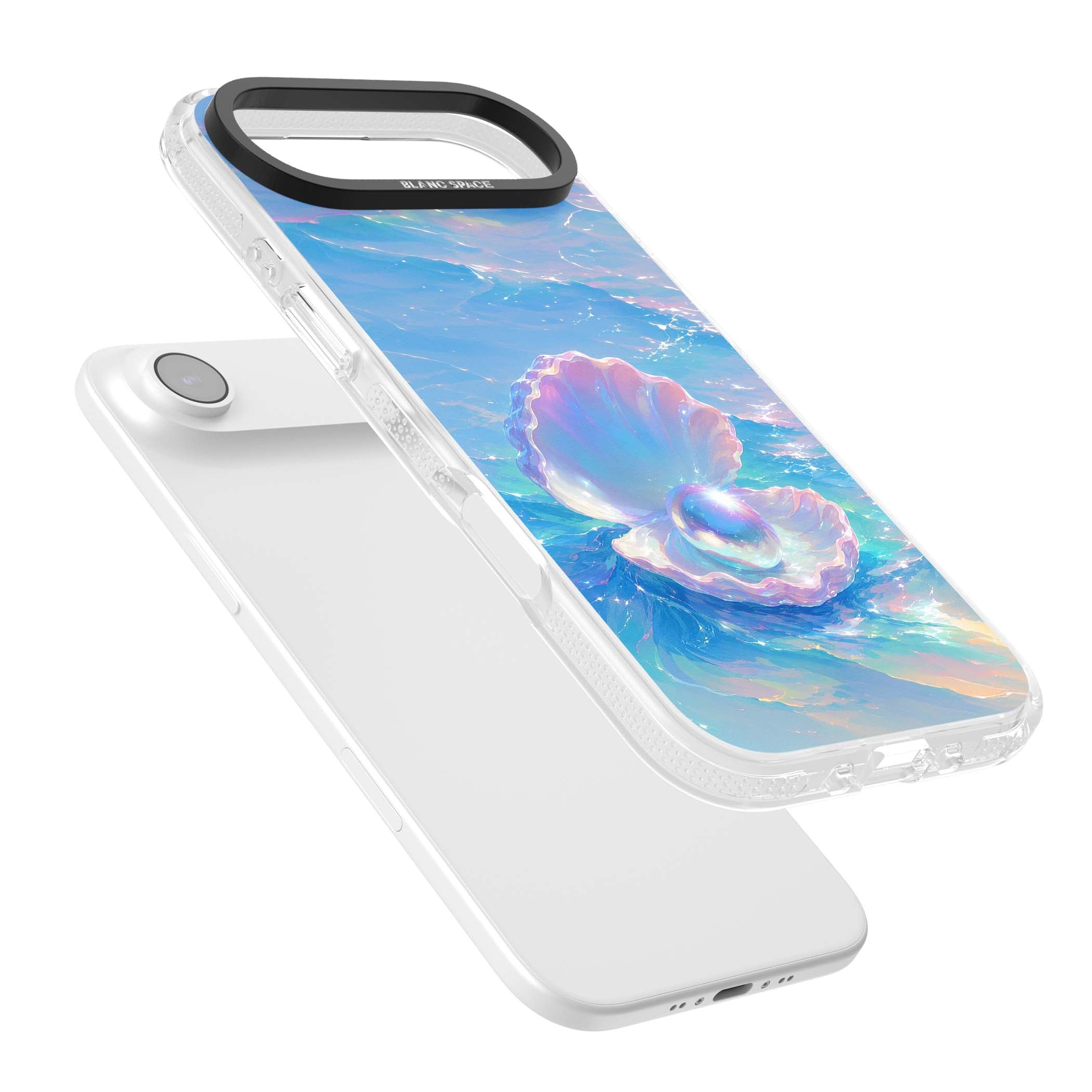 The Pearl Clam mermaidcore iPhone case featuring iridescent seashell, glowing pearl and pastel ocean waves | Clear Case Impact Air case for iPhone Air