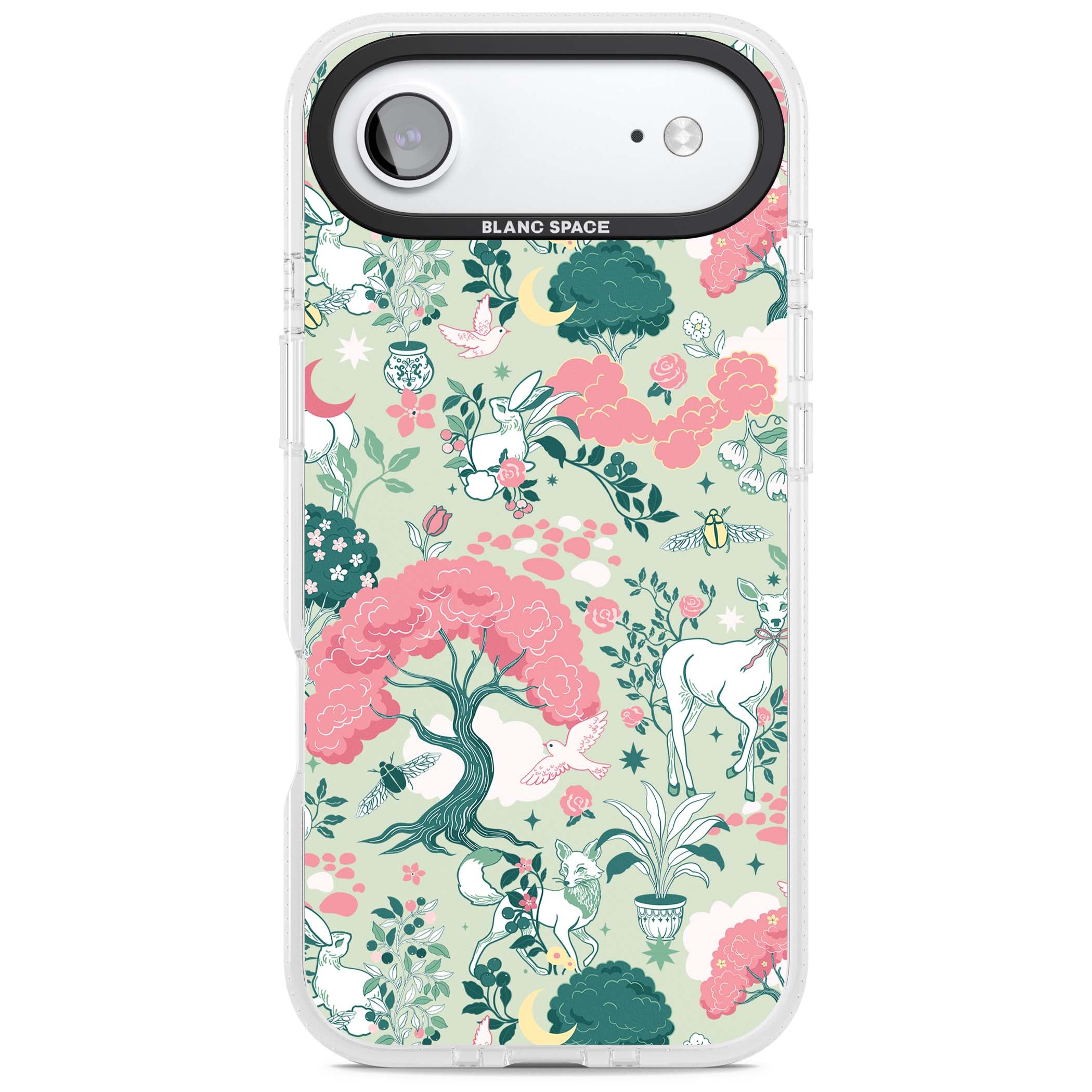 Enchanted Woodland cottagecore iPhone case featuring white deer, pink roses, mushrooms and woodland animals on sage green | Clear Case Impact Air case for iPhone Air
