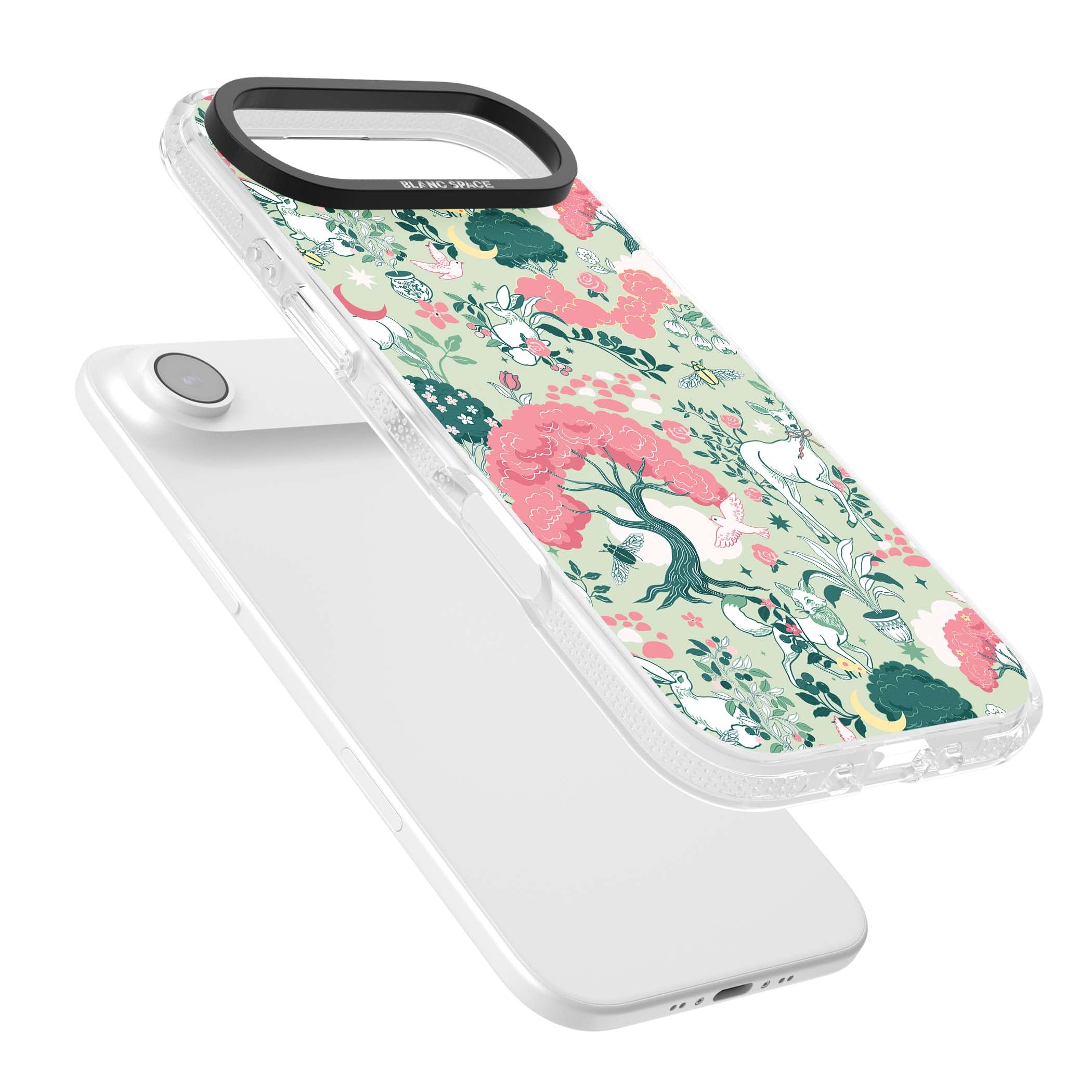 Enchanted Woodland cottagecore iPhone case featuring white deer, pink roses, mushrooms and woodland animals on sage green | Clear Case Impact Air case for iPhone Air