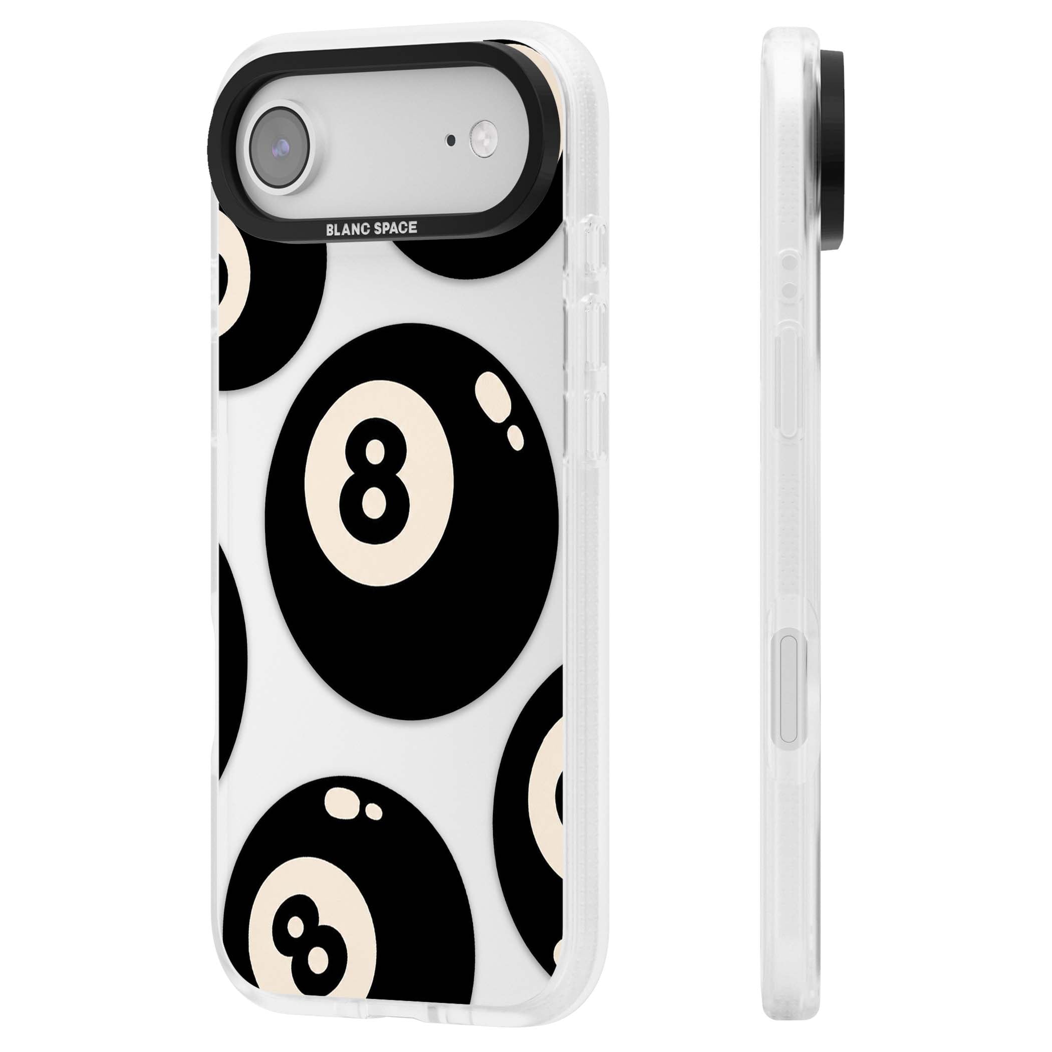 Eights y2k iPhone case featuring scattered black 8 balls with cream highlights on a clear background | Clear Case Impact Air case for iPhone Air