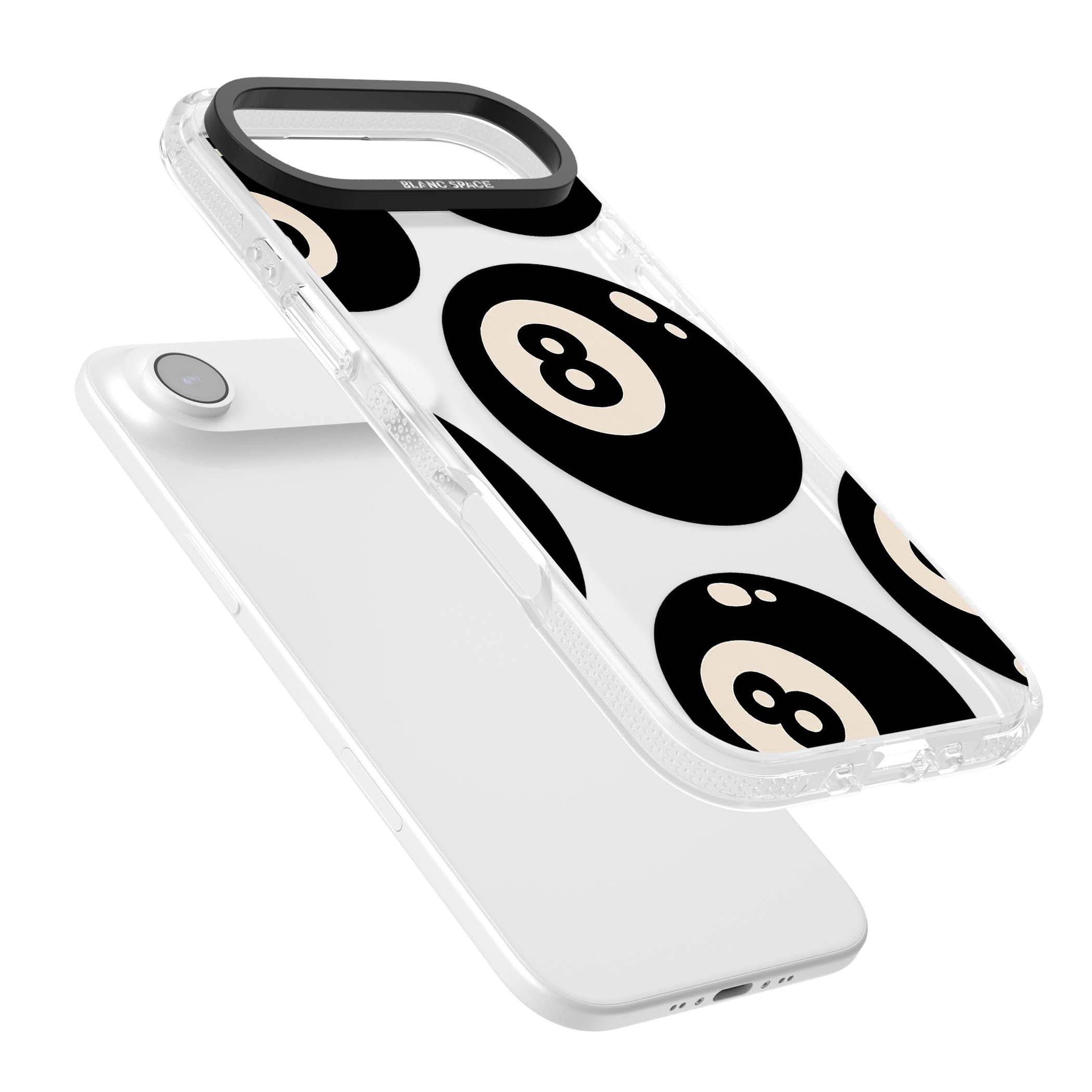 Eights y2k iPhone case featuring scattered black 8 balls with cream highlights on a clear background | Clear Case Impact Air case for iPhone Air