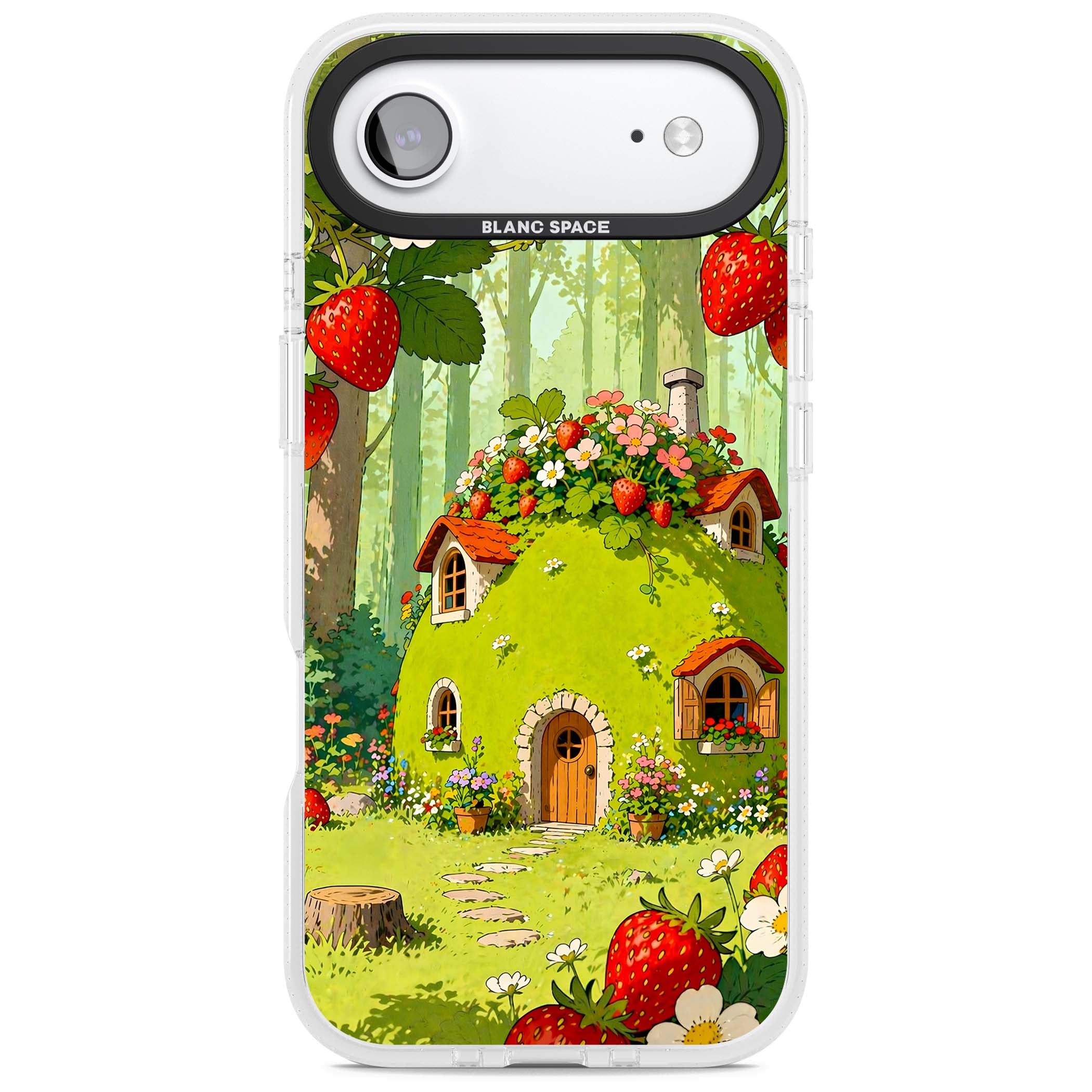 Strawberry Cottage cottagecore iPhone case featuring a green fairy house, wild strawberries and enchanted forest flowers | Clear Case Impact Air case for iPhone Air