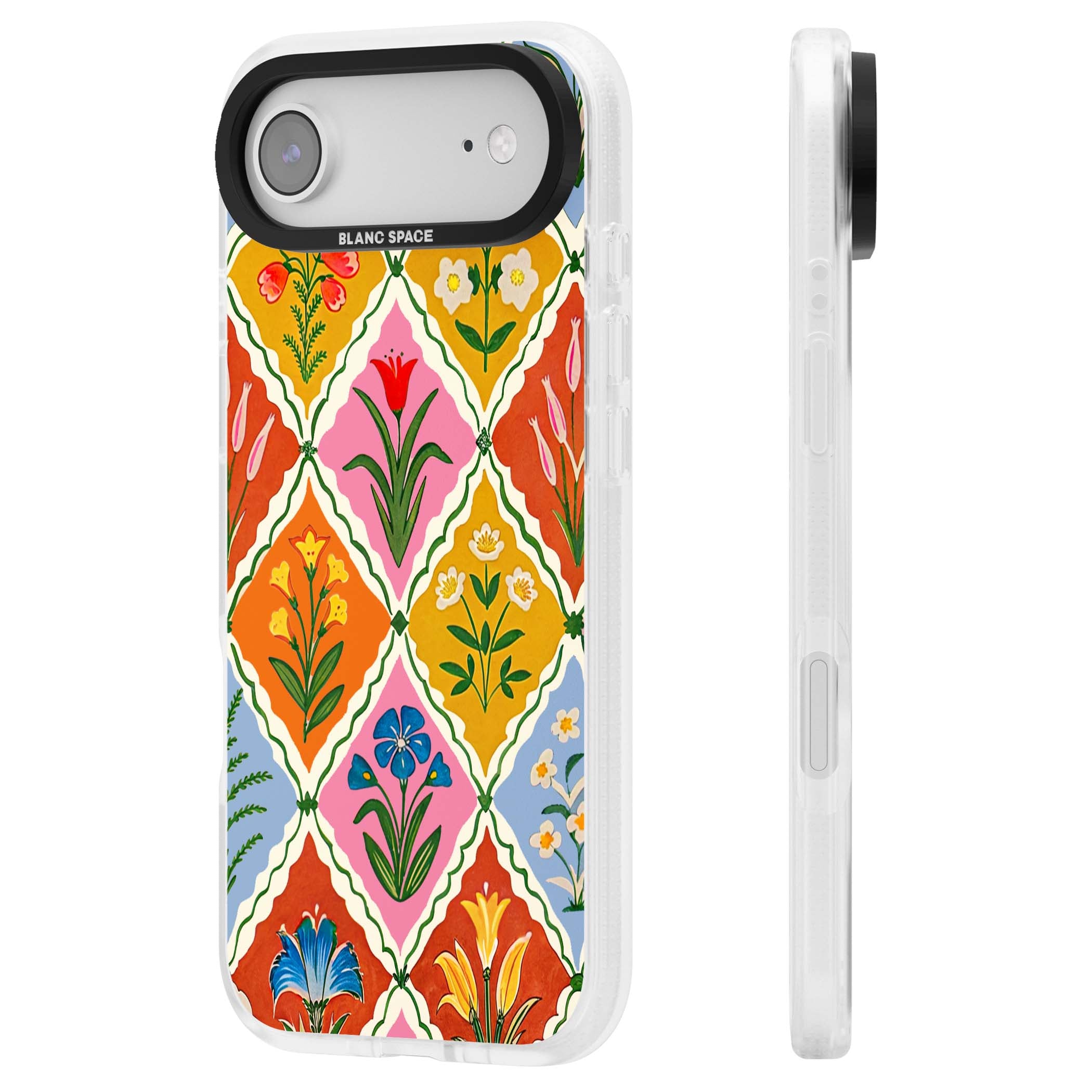 Floral Quilt boho floral iPhone case featuring diamond lattice pattern, hand-painted tulips and folk art wildflowers | Clear Case Impact Air case for iPhone Air