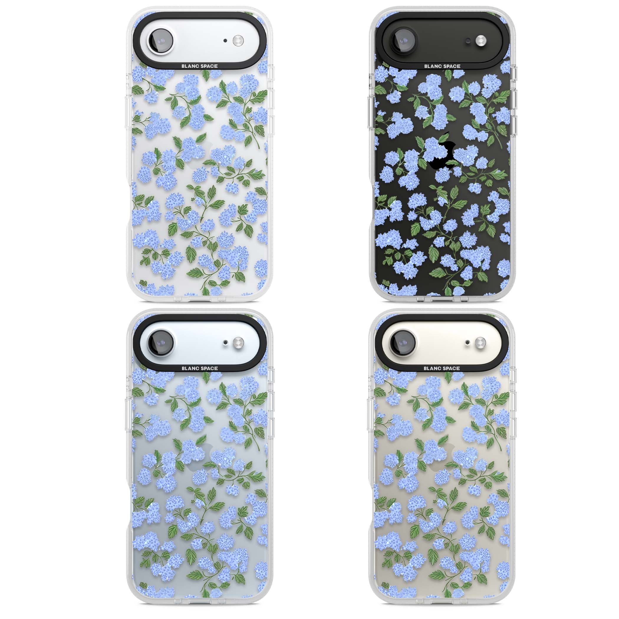 Hydrangea Dreams cottagecore iPhone case featuring soft blue hydrangea flower clusters and green leaves | Clear Case Impact Air case for iPhone Air
